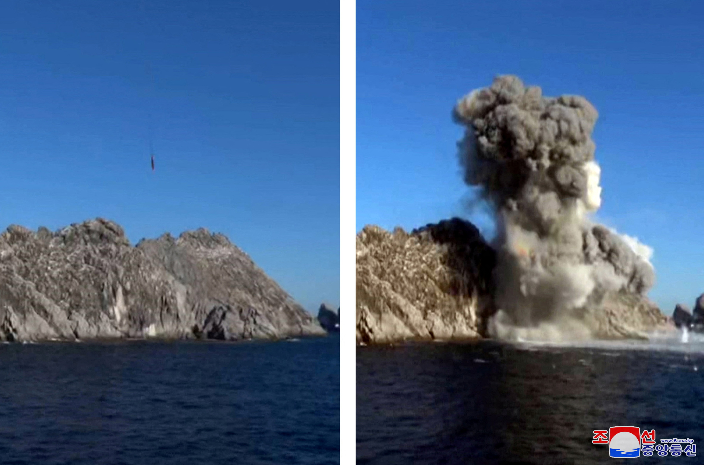 A view shows what appears to be missiles striking a target on a knoll surrounded by water off North Korea's east coast.