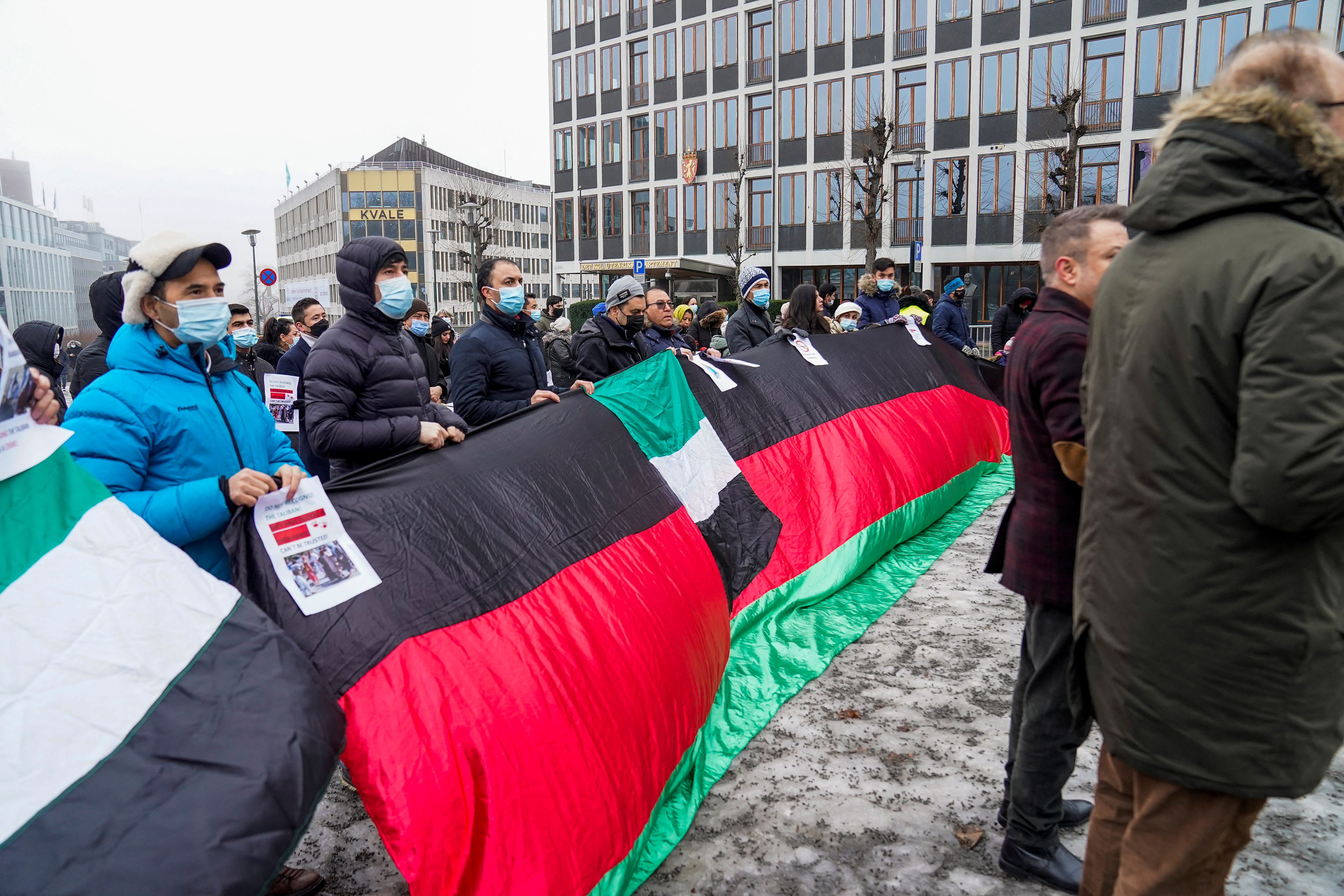 Protesters rally against the visit from Taliban representatives outside the Norwegian ministry of foreign affairs in Oslo