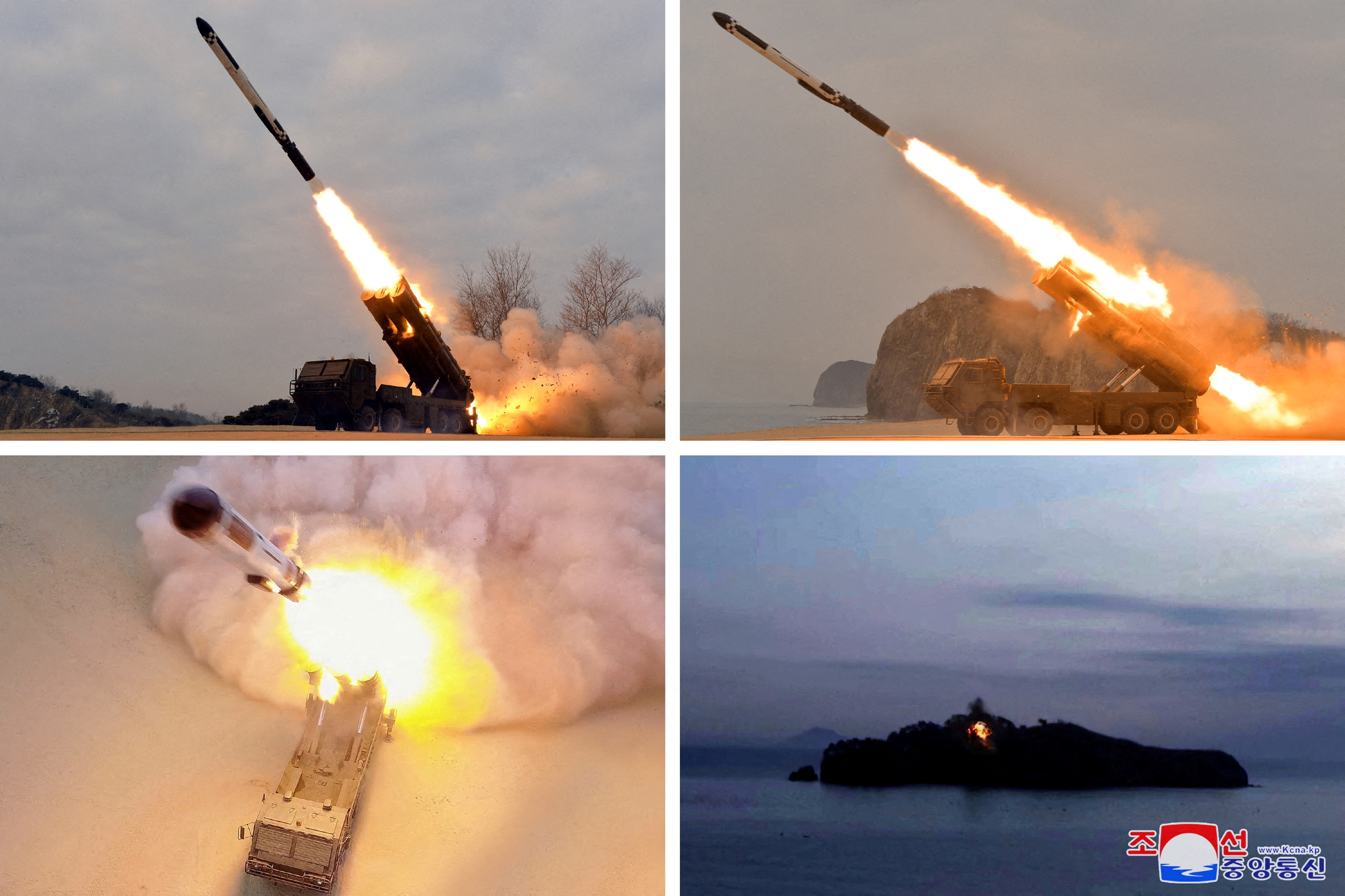 A combination photo of four separate images of rockets blasting off in a flurry of flames and flying through the air following one of the missile tests that North Korea conducted last week
