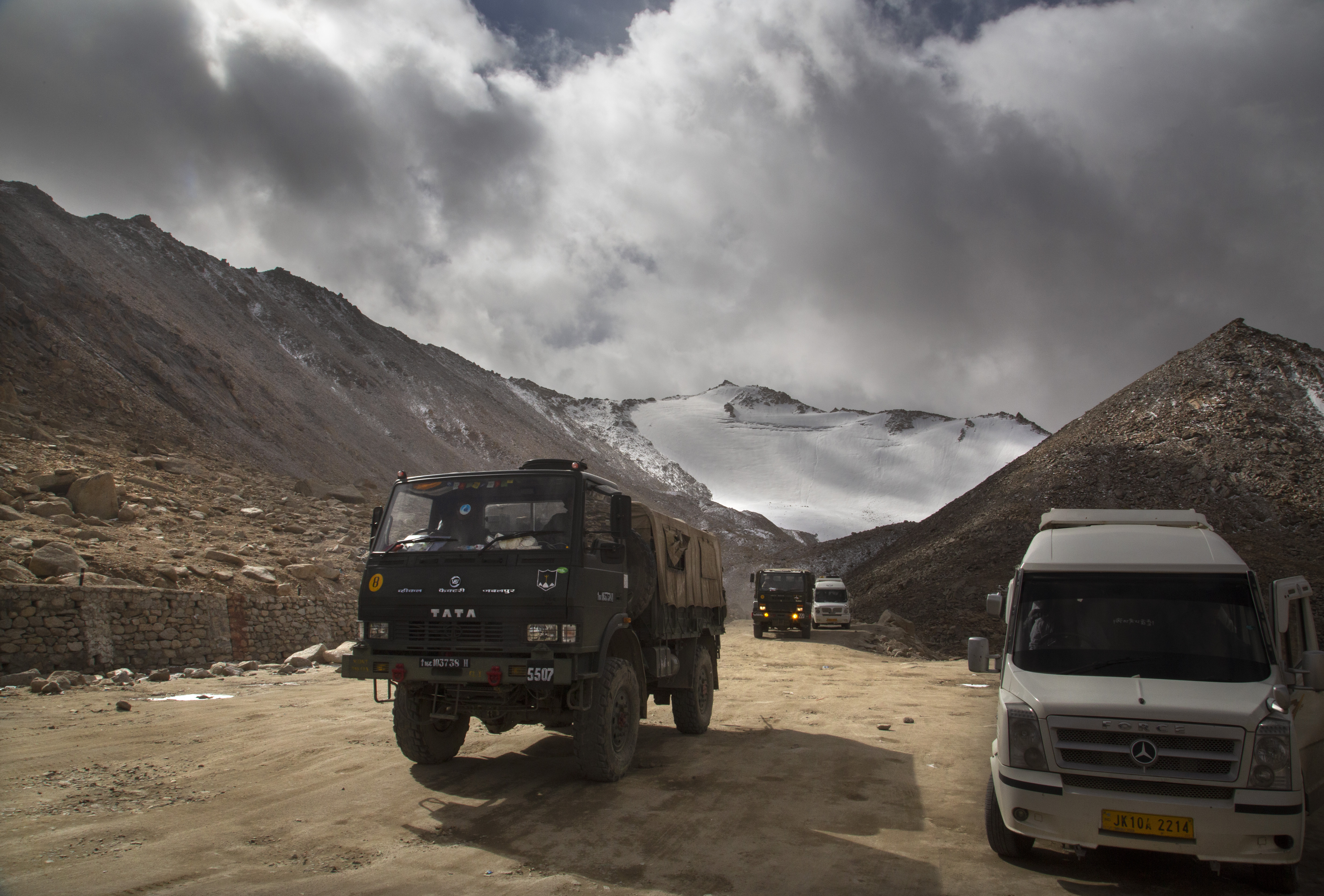 An Indian Army truck crosses Chang La Pass near Pangong Lake in the Ladakh region of India in September 2018
