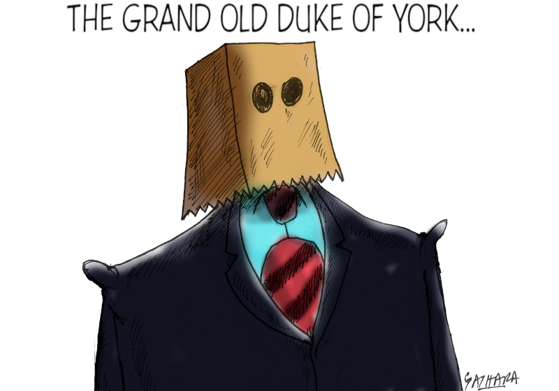 Cartoon showing Prince Andrew with a paper bag on his head.