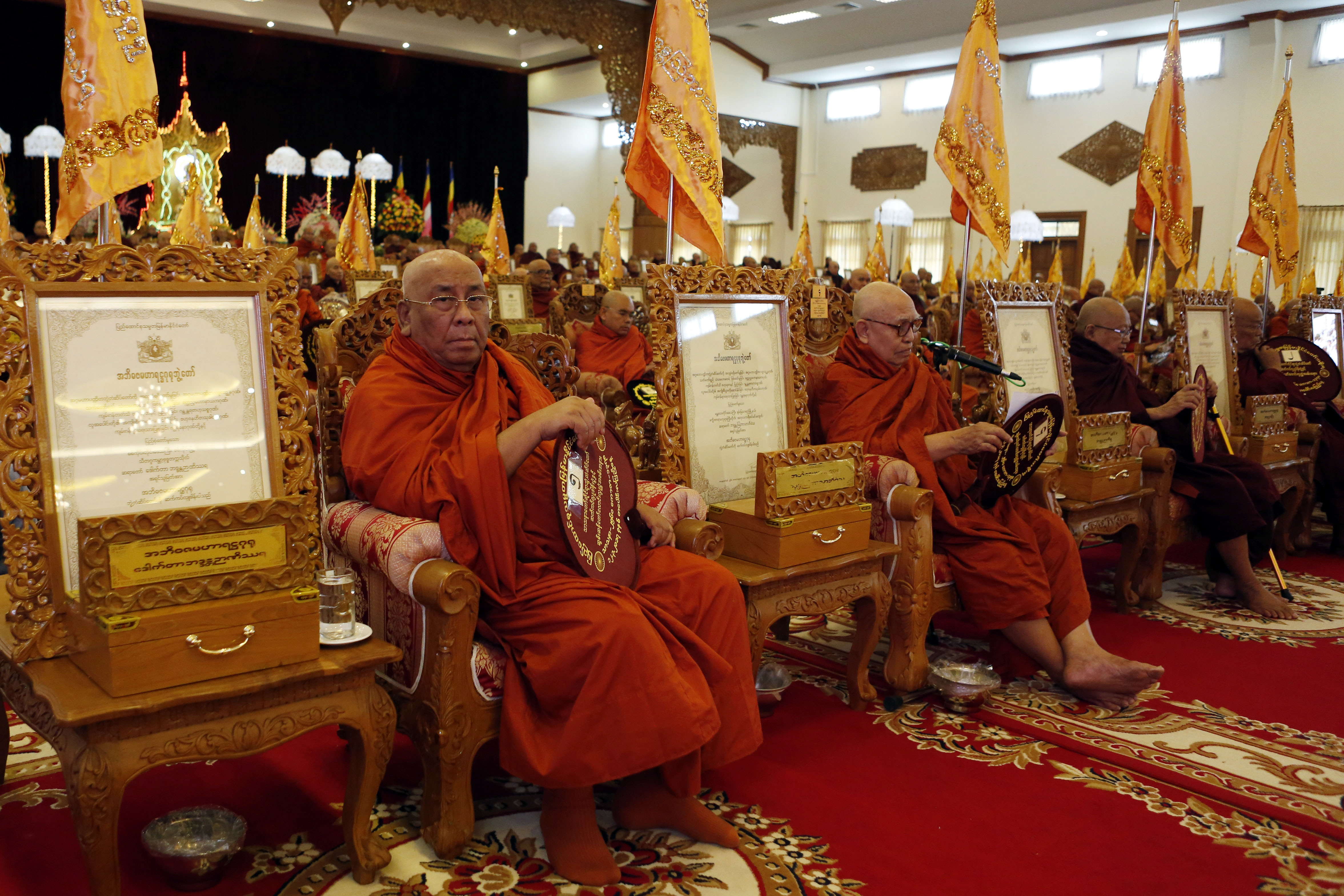 Min Aung Hlaing is courting Sitagu Sayadaw, left, seen at a ceremony in Naypyidaw in 2017, who previously defended the military over its brutal crackdown on the Rohingya