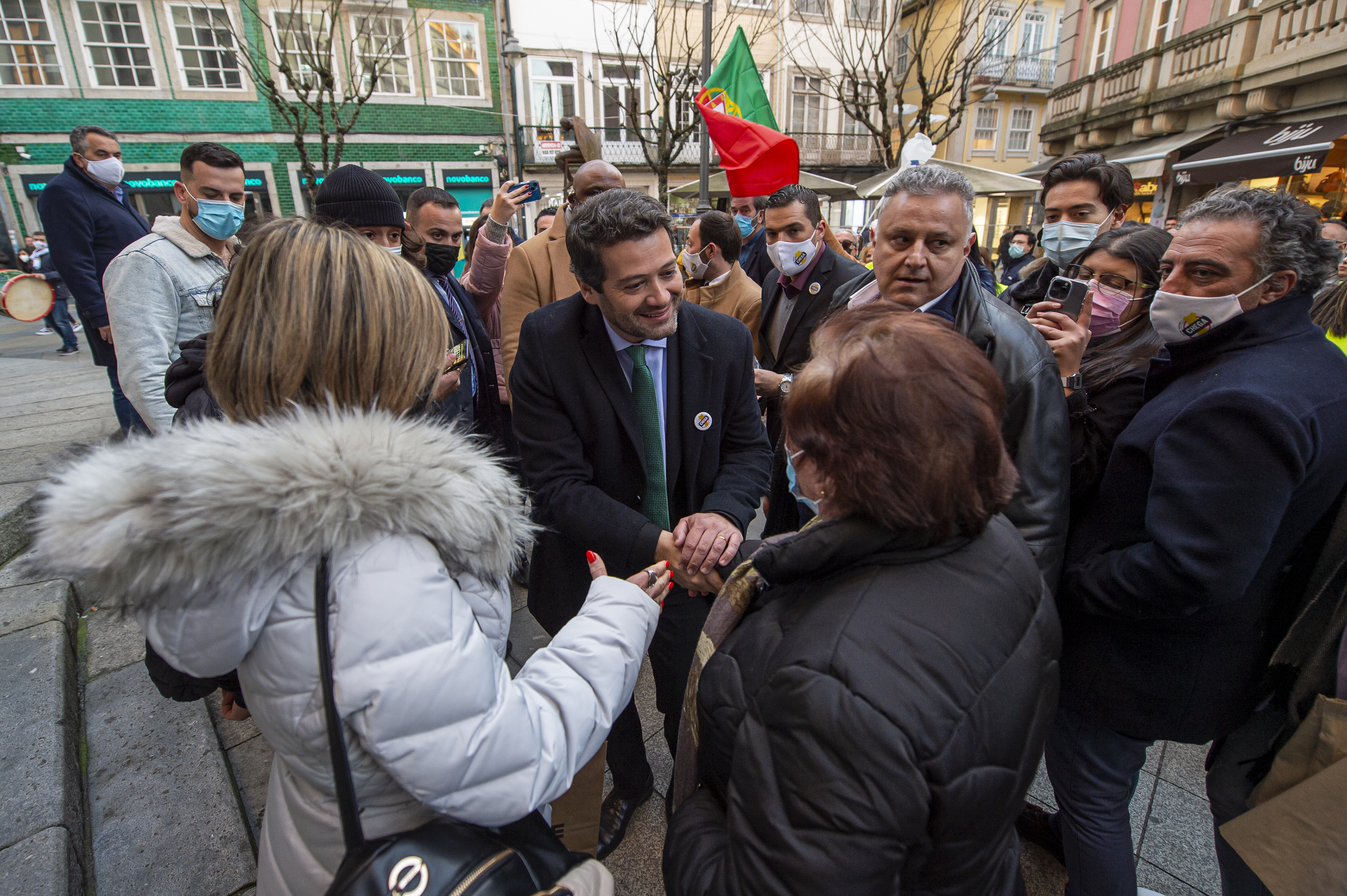 Ventura, centre, greets supporters during his 2022 electoral campaign in Braga