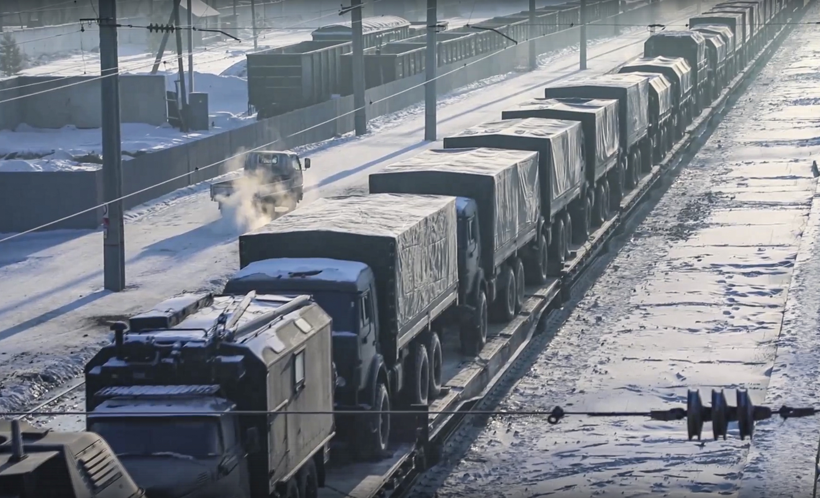 Russian military vehicles pictured at an undisclosed location in Russia on January 24 2022, on the way to Belarus to attend joint military drills