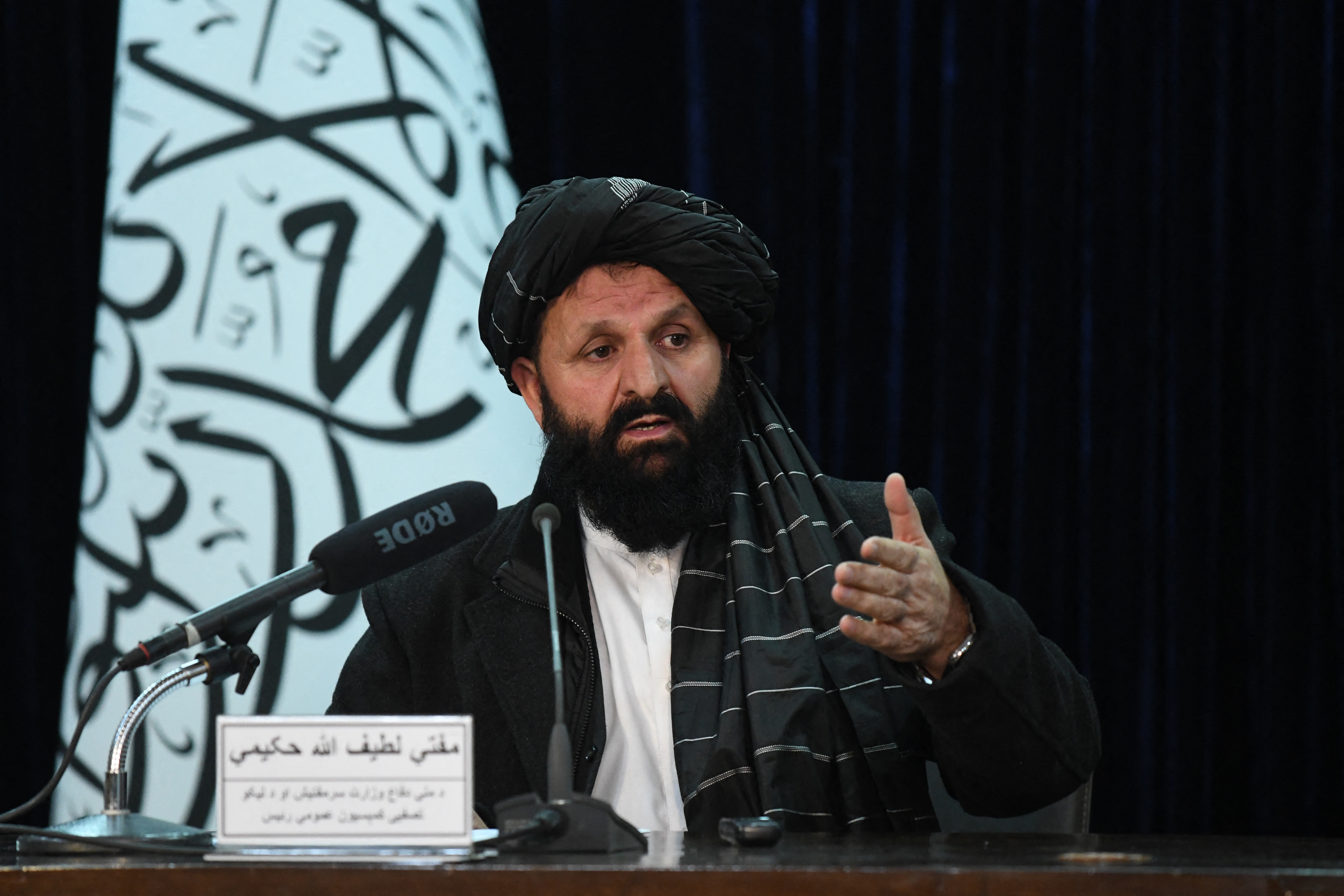 Latifullah Hakimi, head of Taliban’s Ranks Clearance Commission, speaks during a news conference in Kabul on Monday