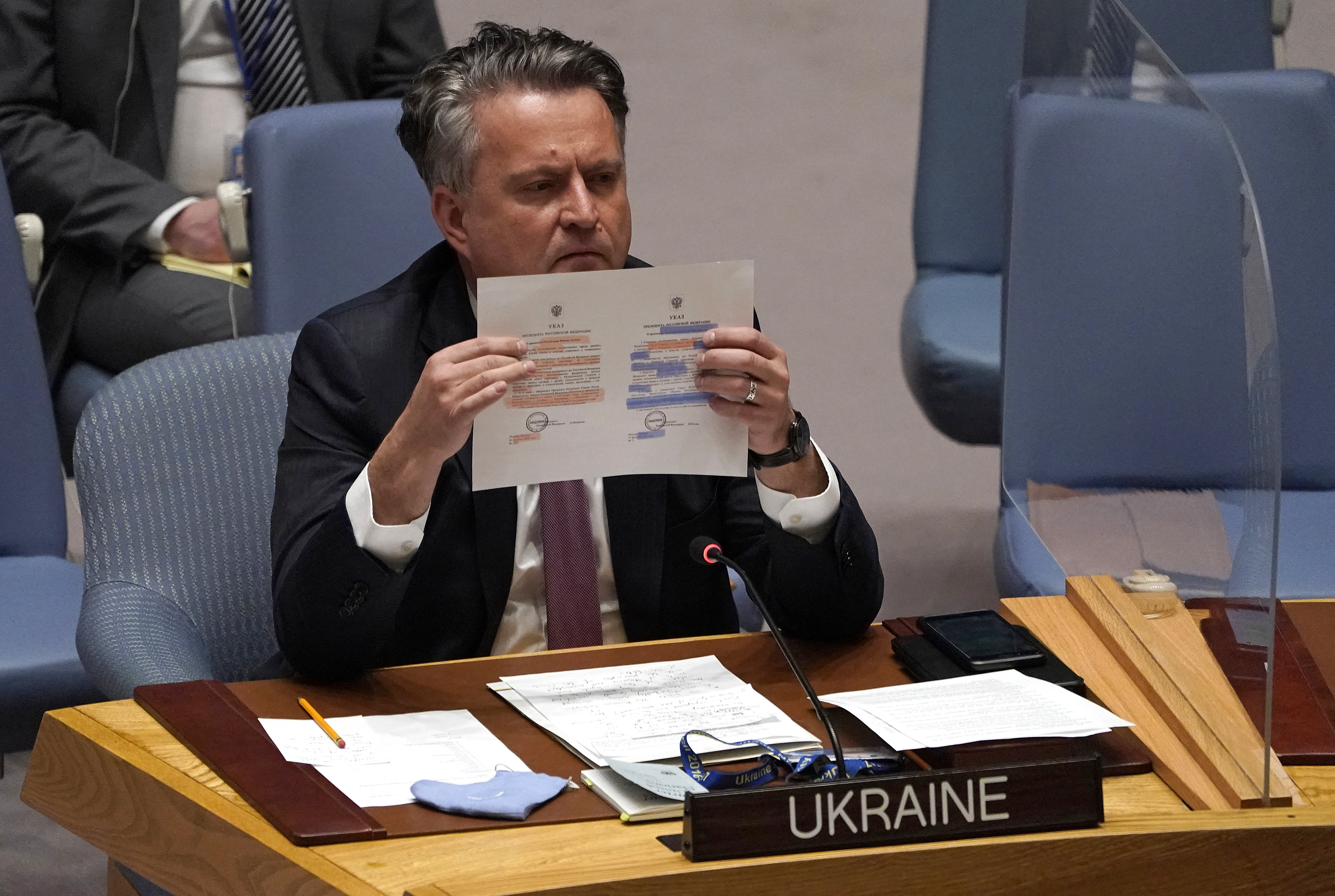 Representative of Ukraine to the UN Sergiy Kyslytsya speaks during an emergency meeting of the UN Security Council on the Ukraine crisis, in New York on February 21