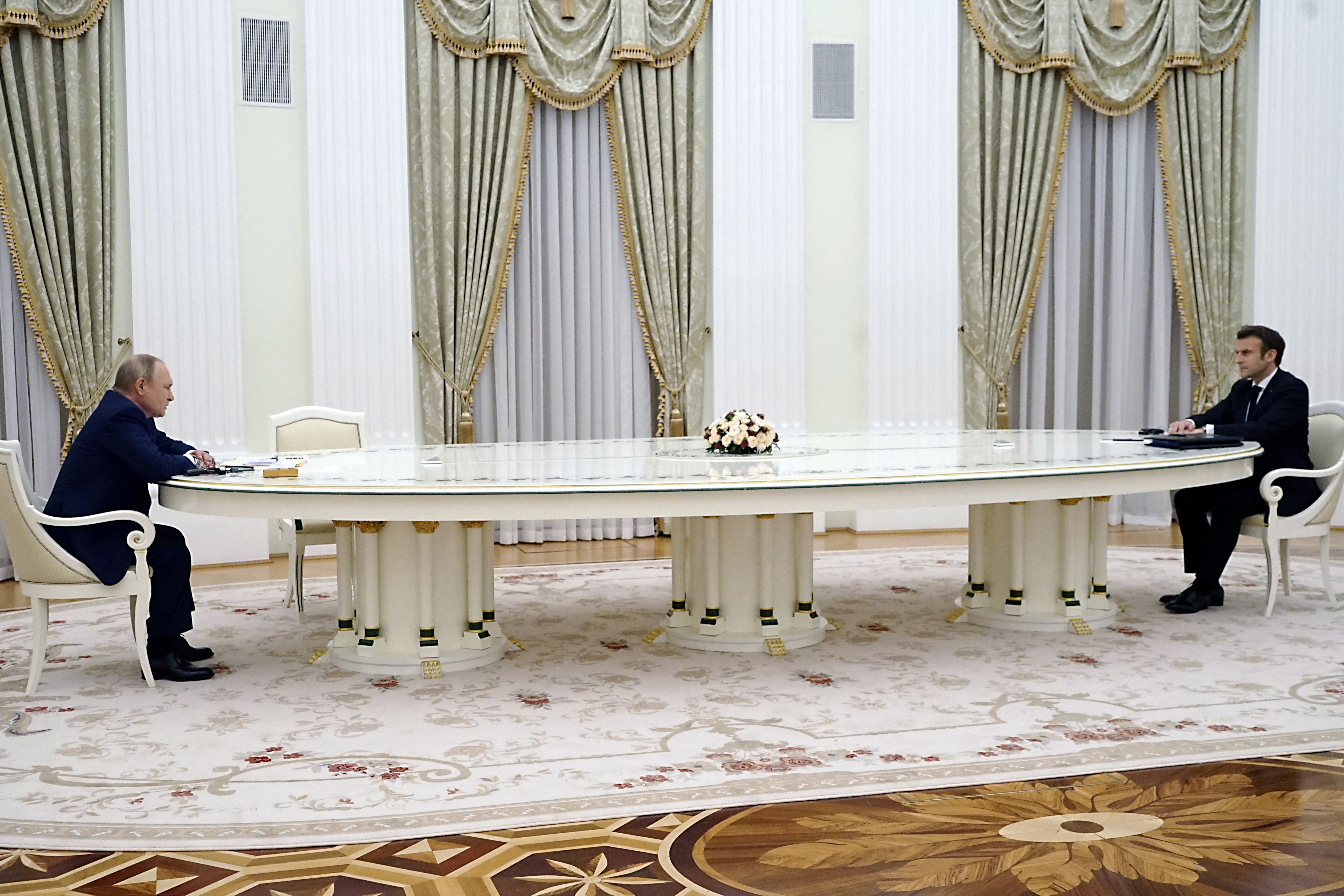 French President Emmanuel Macron meeting Russian President Vladimir Putin in Moscow earlier in February