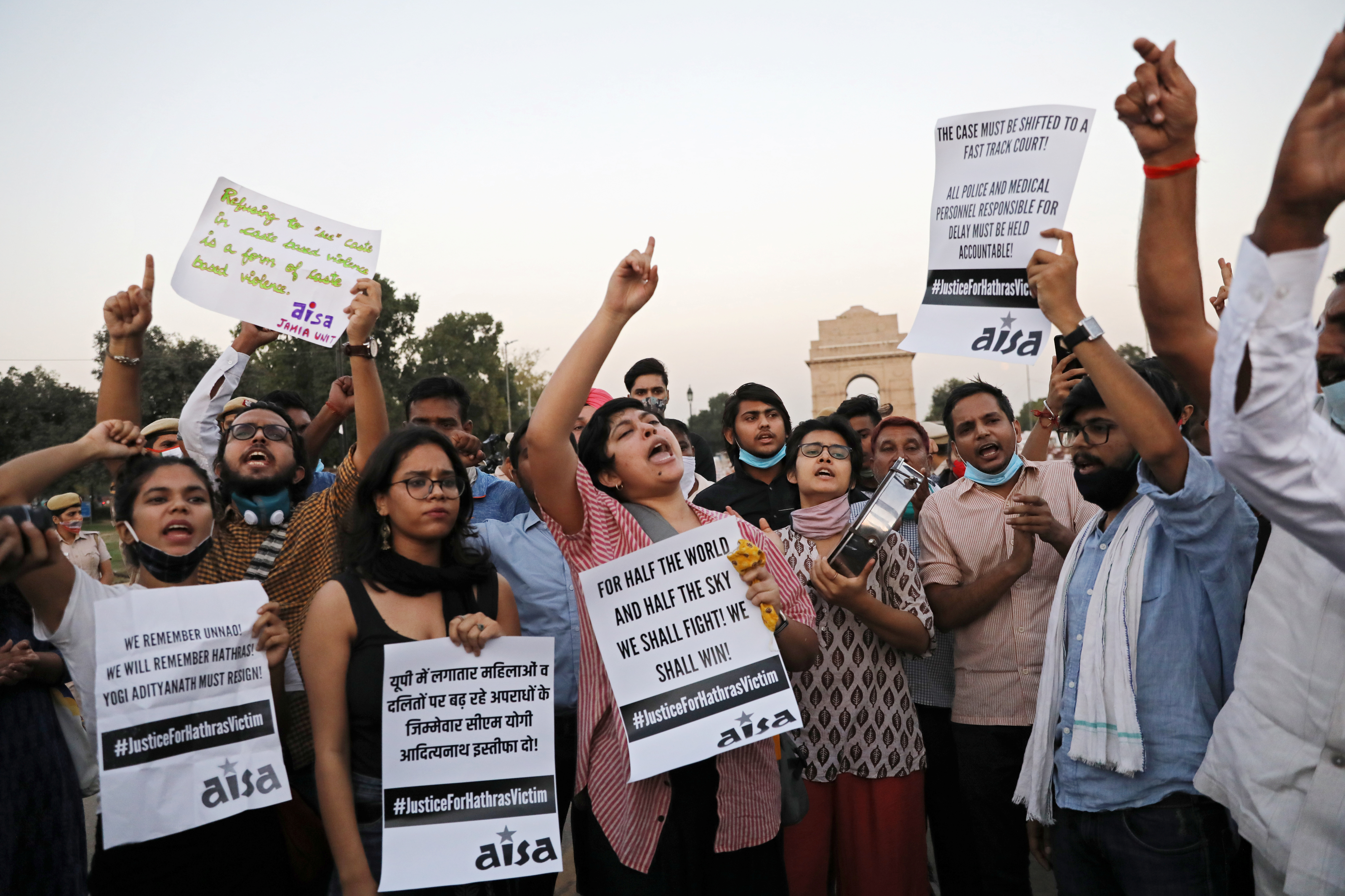 Demonstrators protest after the death of a rape victim near India Gate in New Delhi