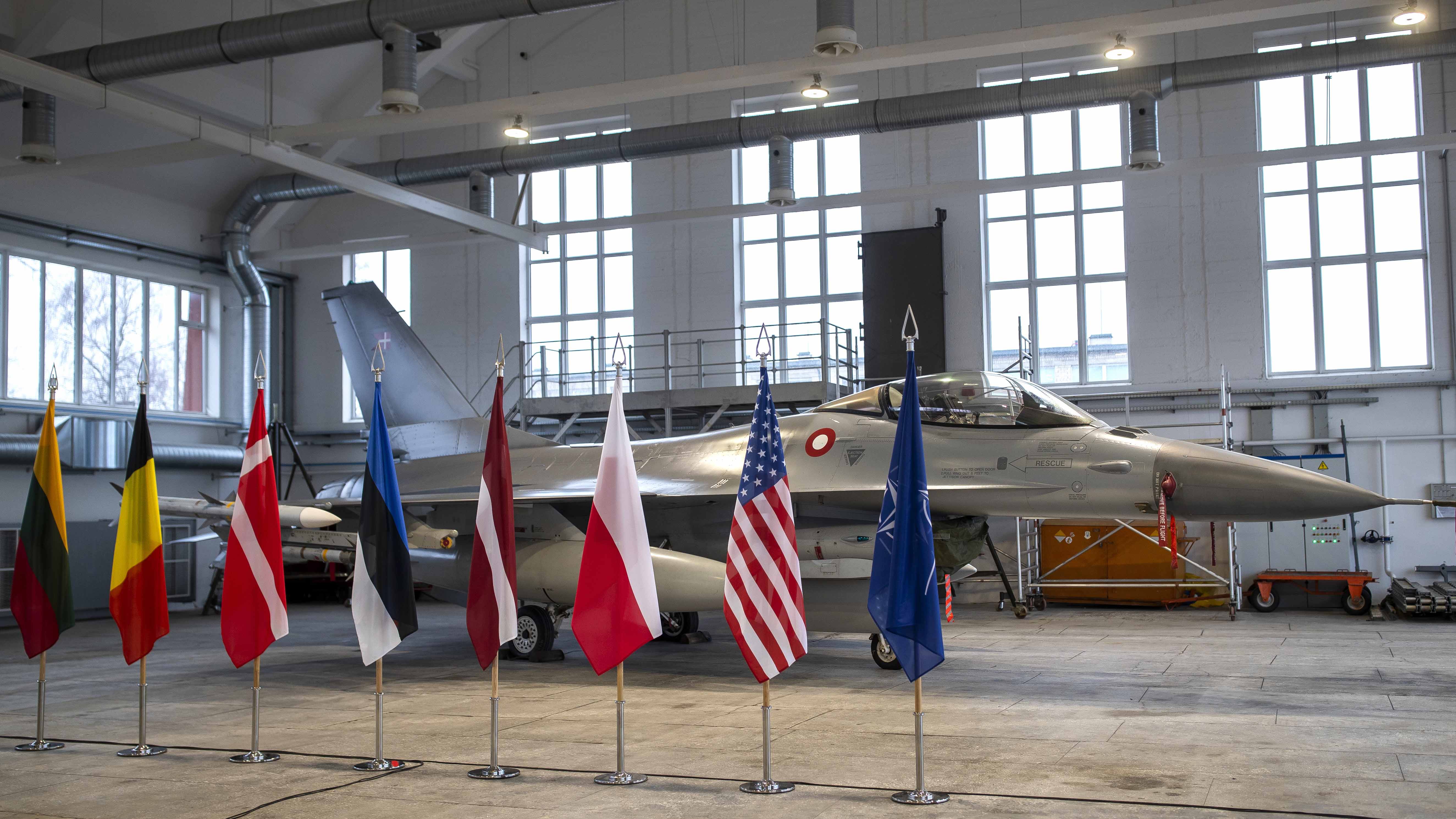 Danish Royal Air Force F-16 fighter jet during the welcome ceremony for the reinforcement of the NATO Air Policing Mission