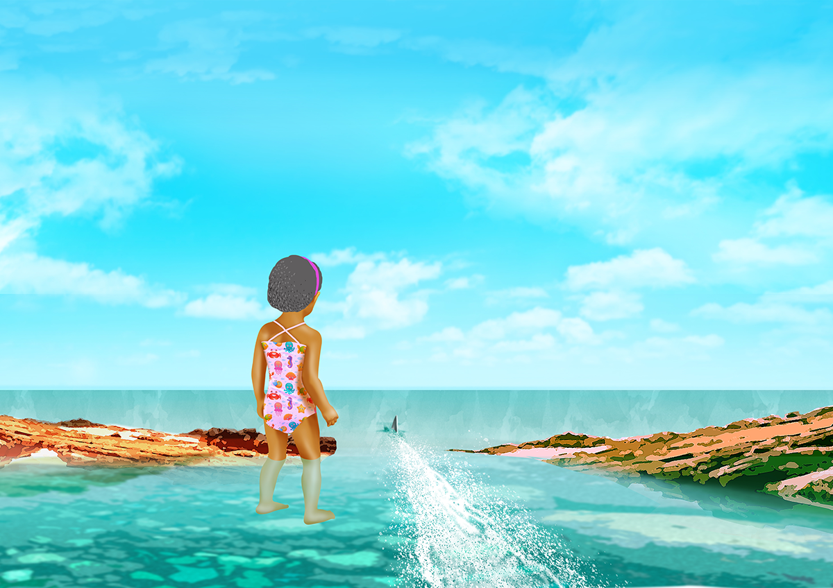 An illustration showing Moli watching the hammerhead shark, shown by its wake, swim out of the pool and into the ocean