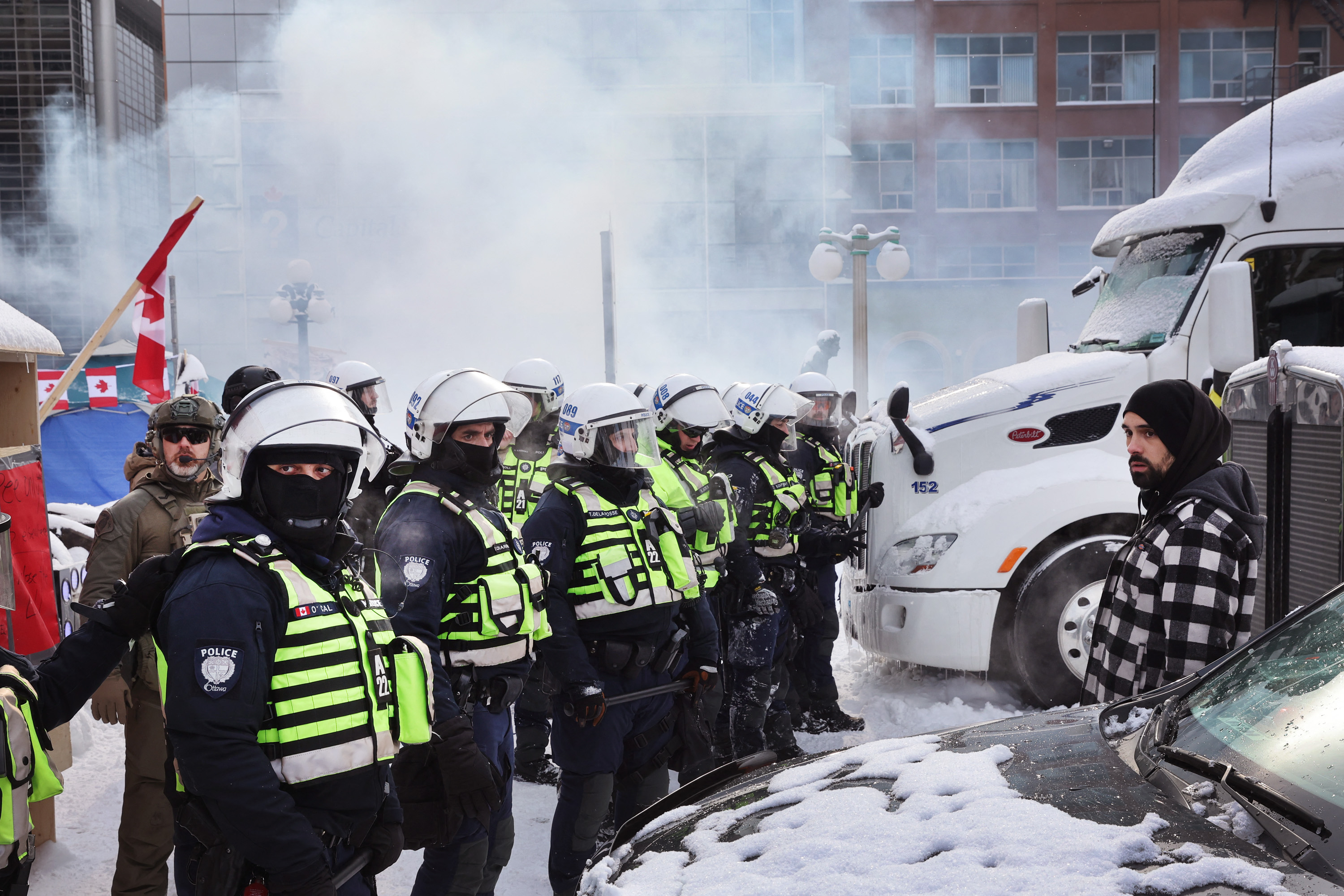 Drivers have used vehicles to form a blockade that has blocked streets near Parliament Hill