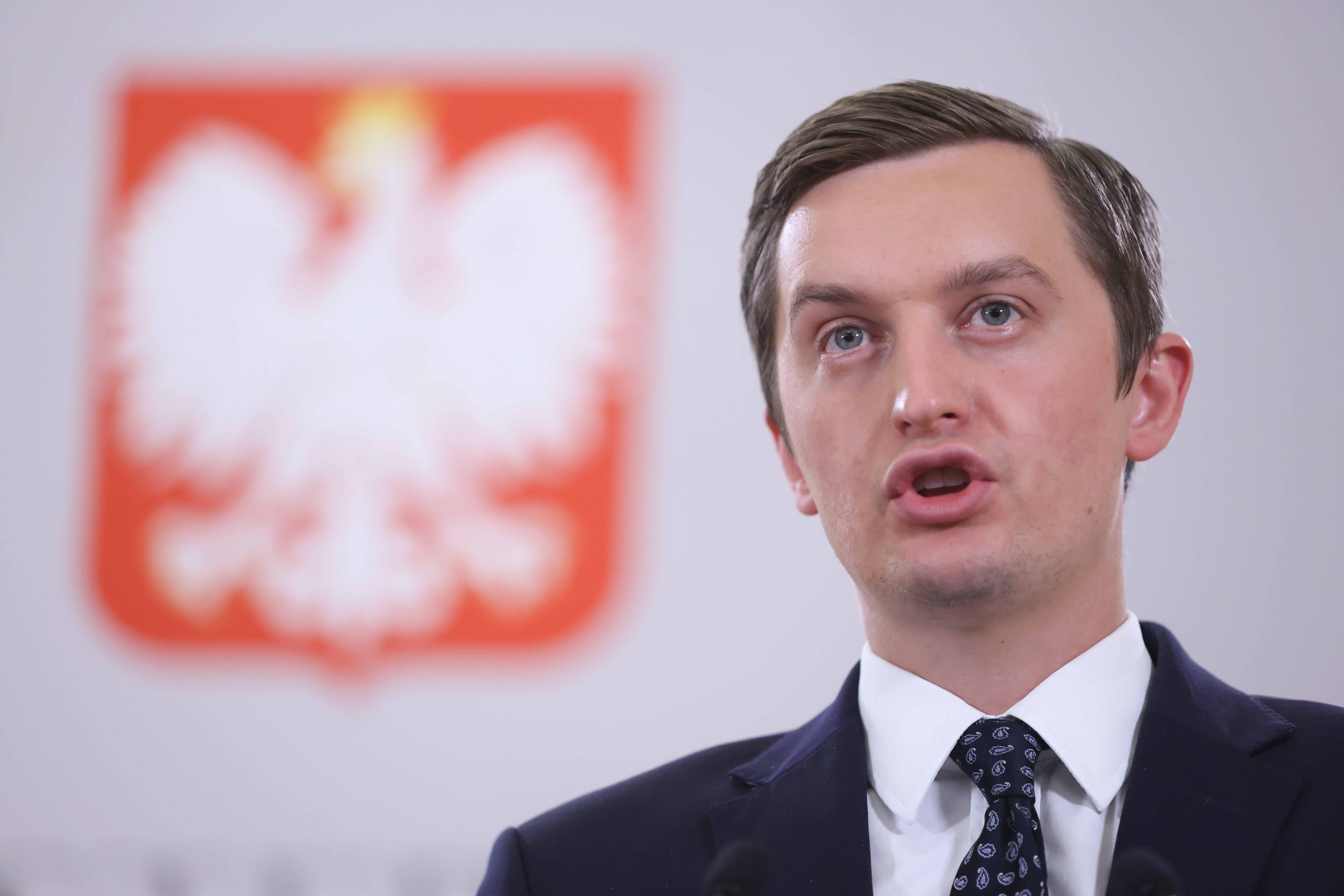 Polish Deputy Justice Minister Sebastian Kaleta speaks during a press conference