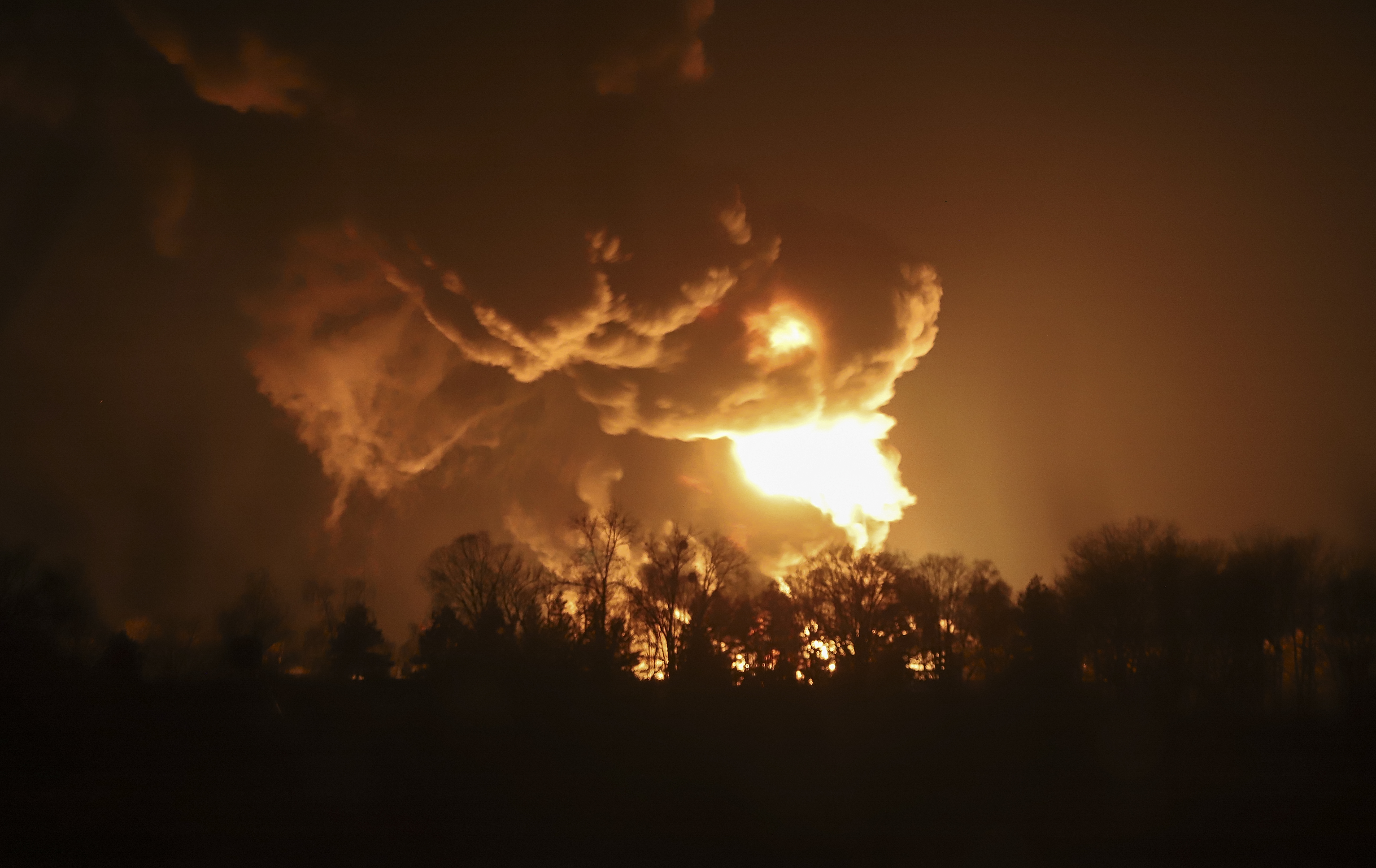 A big fire at a petroleum storage depot after a Russian missile attack, in Vasylkiv, near Kiev