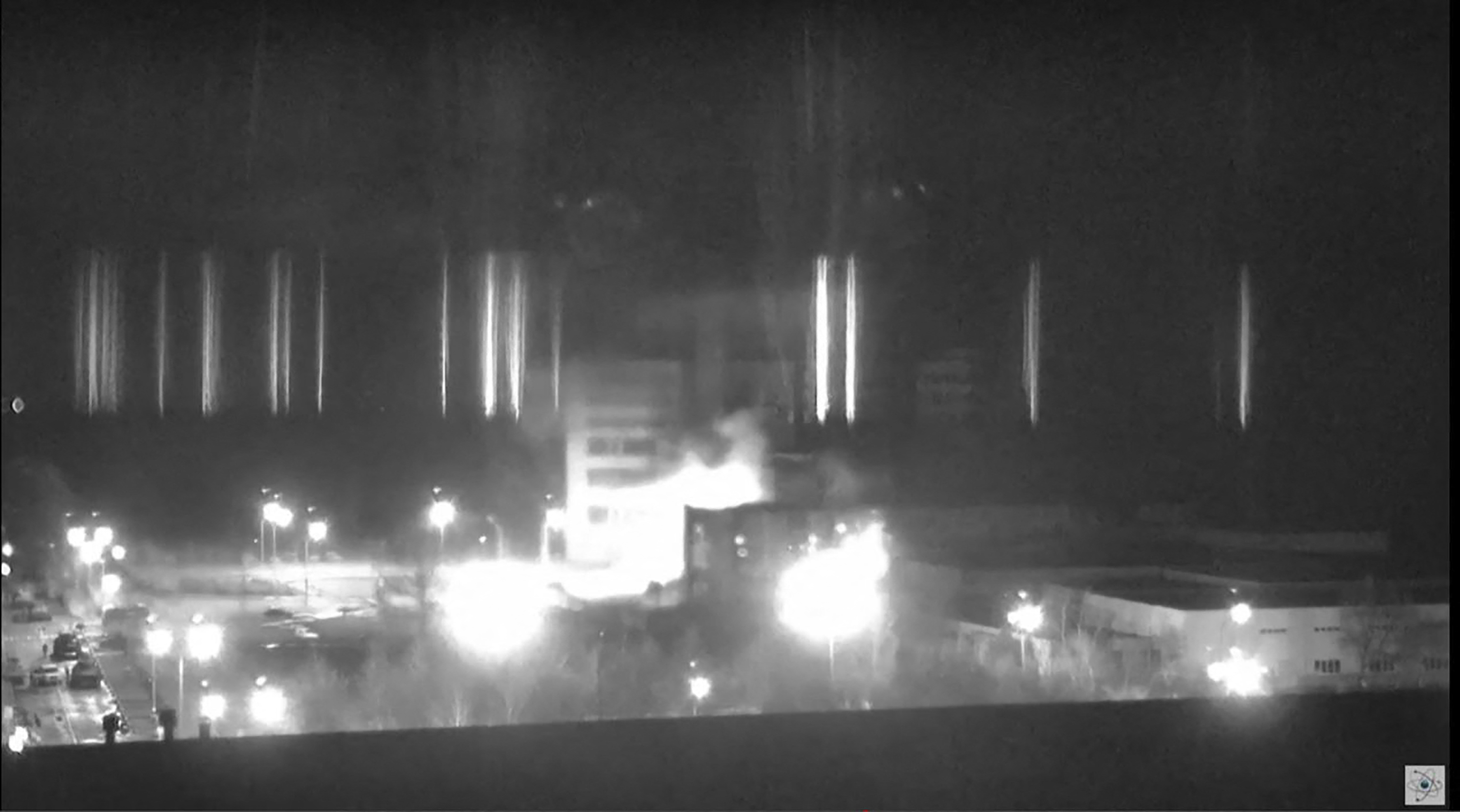 An image grab from footage obtained from a livestream from the Zaporizhzhia Nuclear Authority on March 4, 2022 shows multiple blasts at key a Ukrainian nuclear plant in Zaporizhzhia from Russian shelling. (Photo by Laurent FIEVET / ZAPORIZHZHIA NUCLEAR AUTHORITY / AFP) / RESTRICTED TO EDITORIAL USE - MANDATORY CREDIT "AFP PHOTO / ZAPORIZHZHIA NUCLEAR AUTHORITY" - NO MARKETING - NO ADVERTISING CAMPAIGNS - DISTRIBUTED AS A SERVICE TO CLIENTS