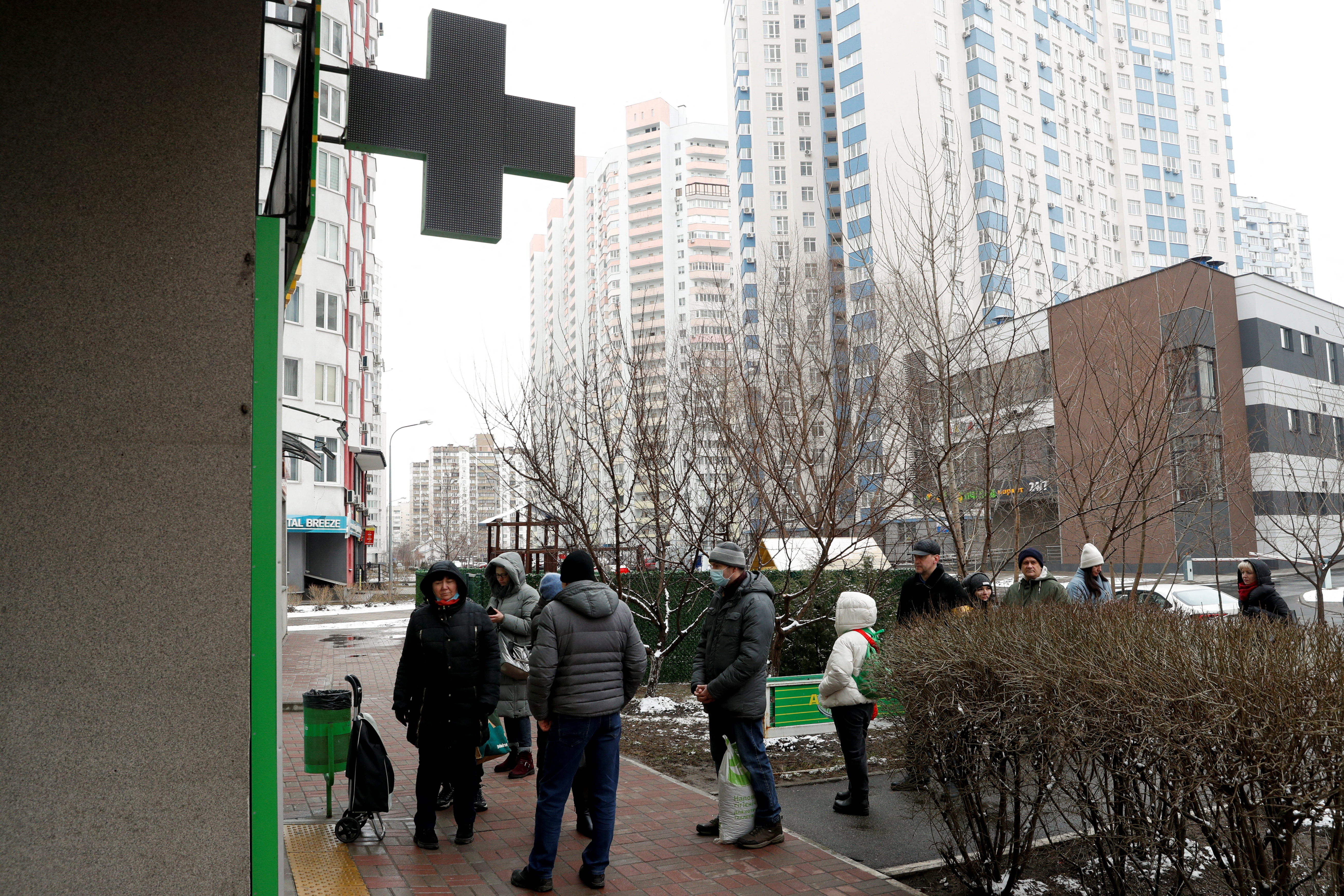 Except for queues in front of essential stores, such as pharmacies, Kyiv’s streets are largely empty