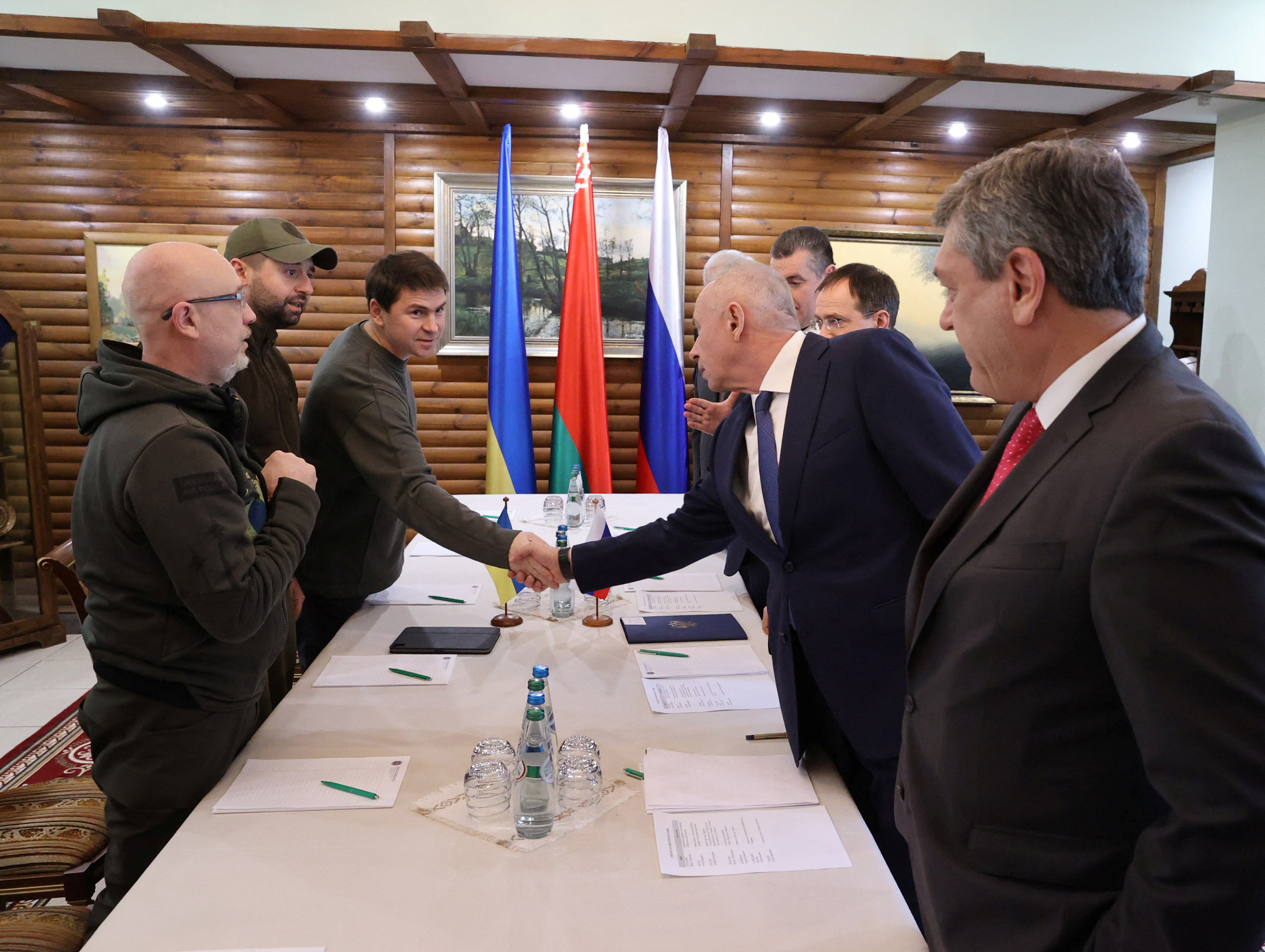 Russian and Ukrainian officials take part in the talks in the Brest region, Belarus