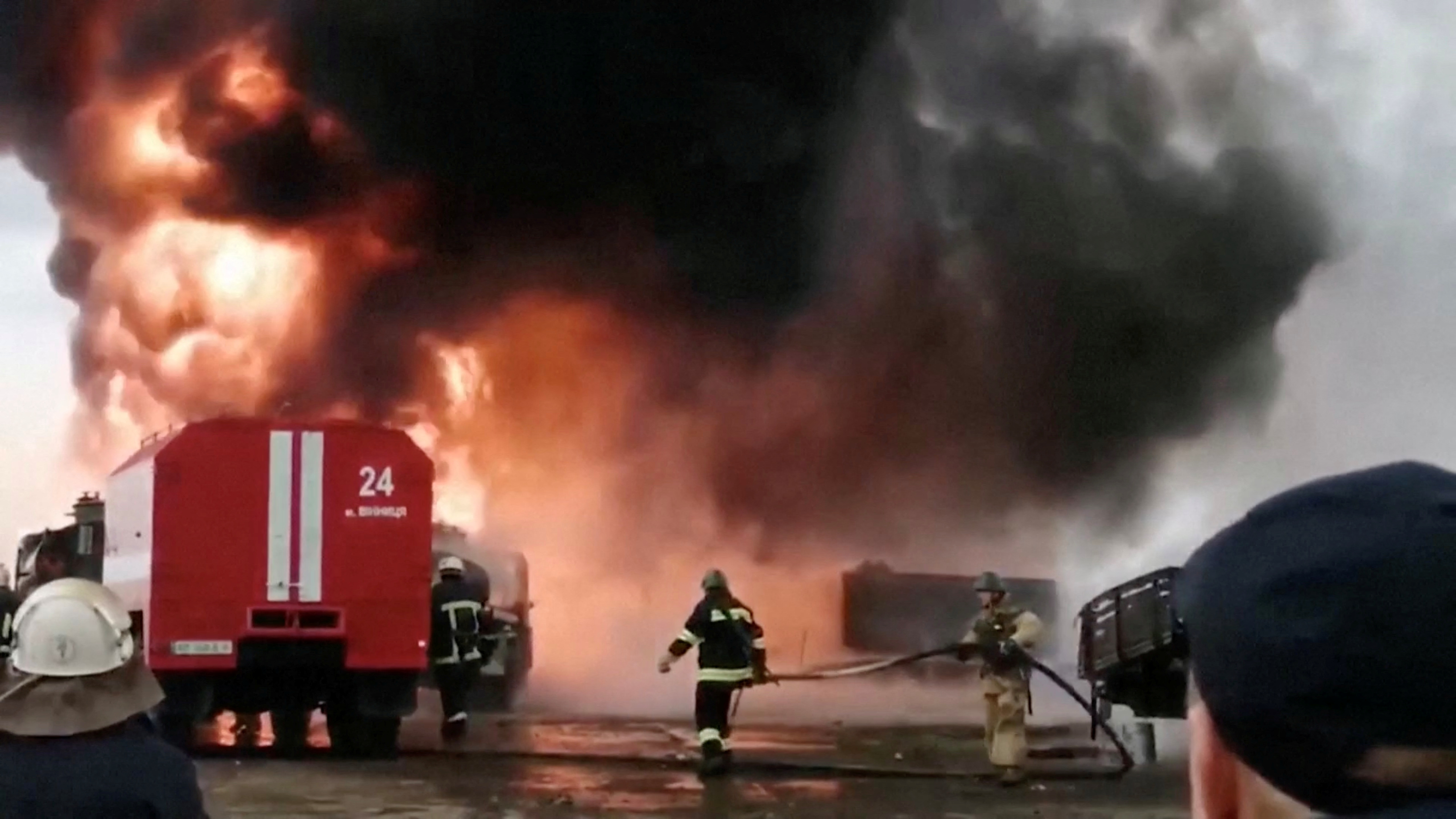 Smoke rises from the Havryshivka Vinnytsia International Airport