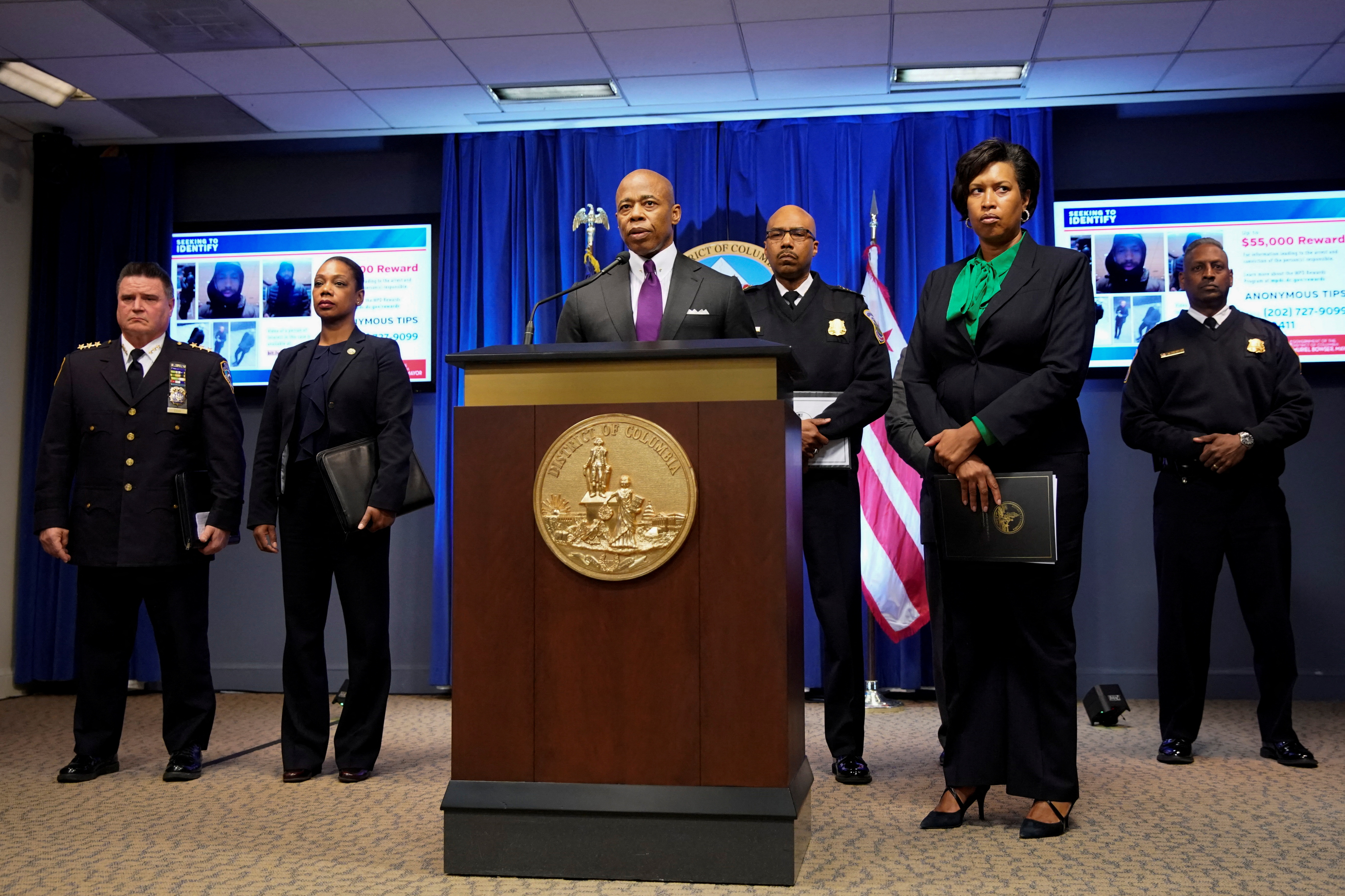 New York City Mayor Eric Adams speaks during a news conference about recent shootings of homeless people in both New York and Washington, DC.