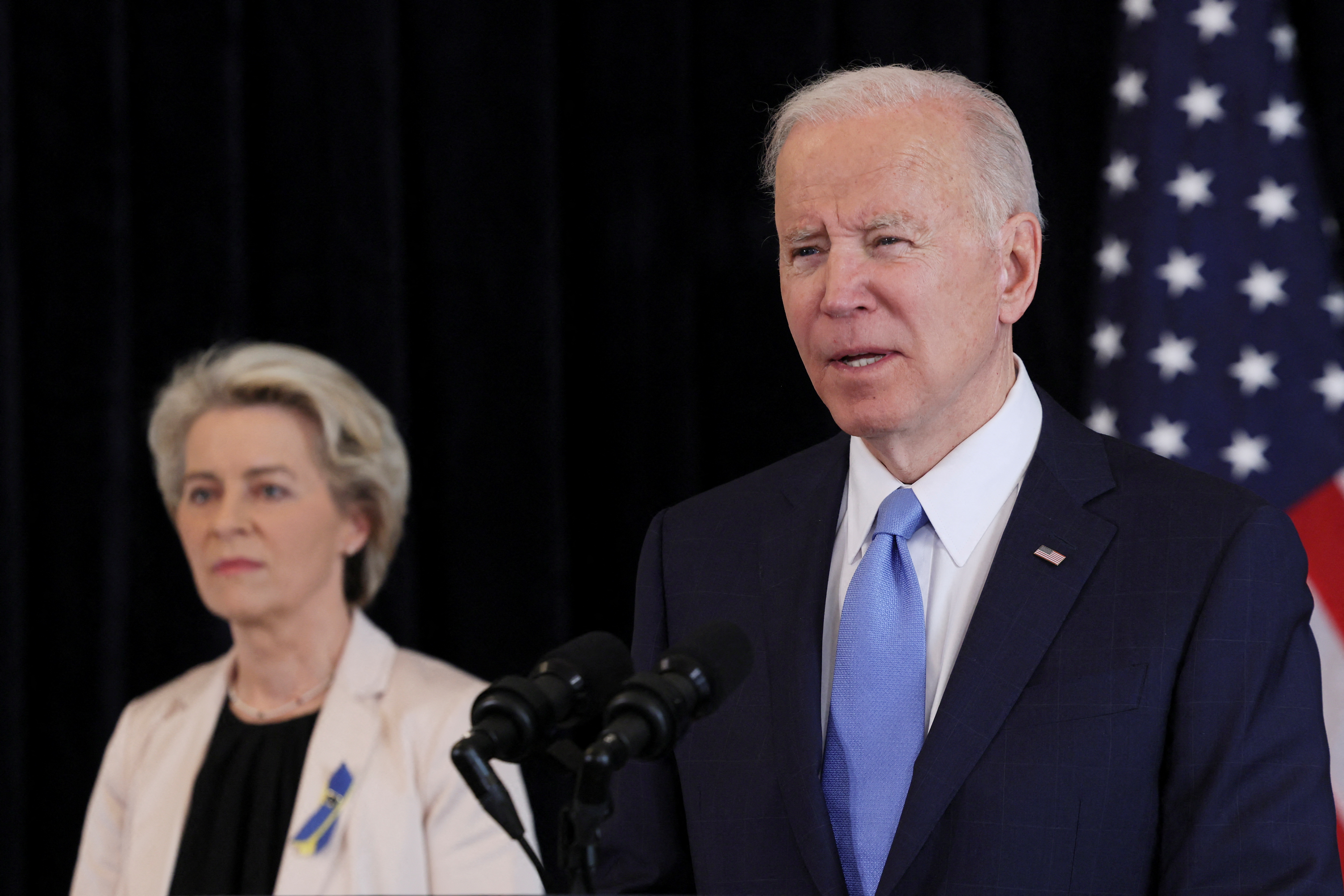 US President Joe Biden gives a joint press statement with European Commission President Ursula von der Leyen at the US Mission in Brussels, Belgium