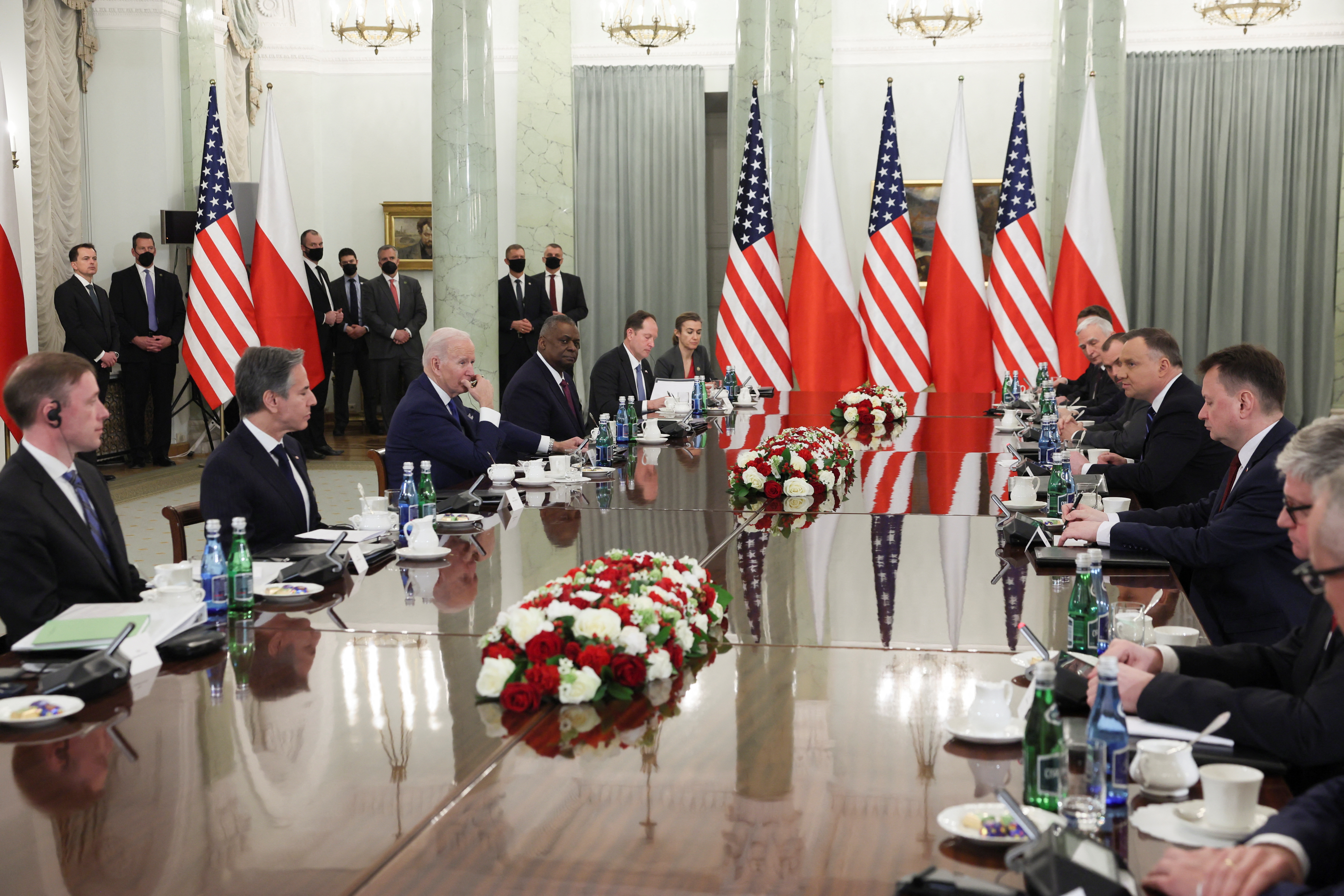 Polish President Andrzej Duda speaks during a bilateral meeting with the US Delegation, including President Joe Biden, amid Russia’s invasion of Ukraine, in the Column Hall at the Presidential Palace, in Warsaw, Poland