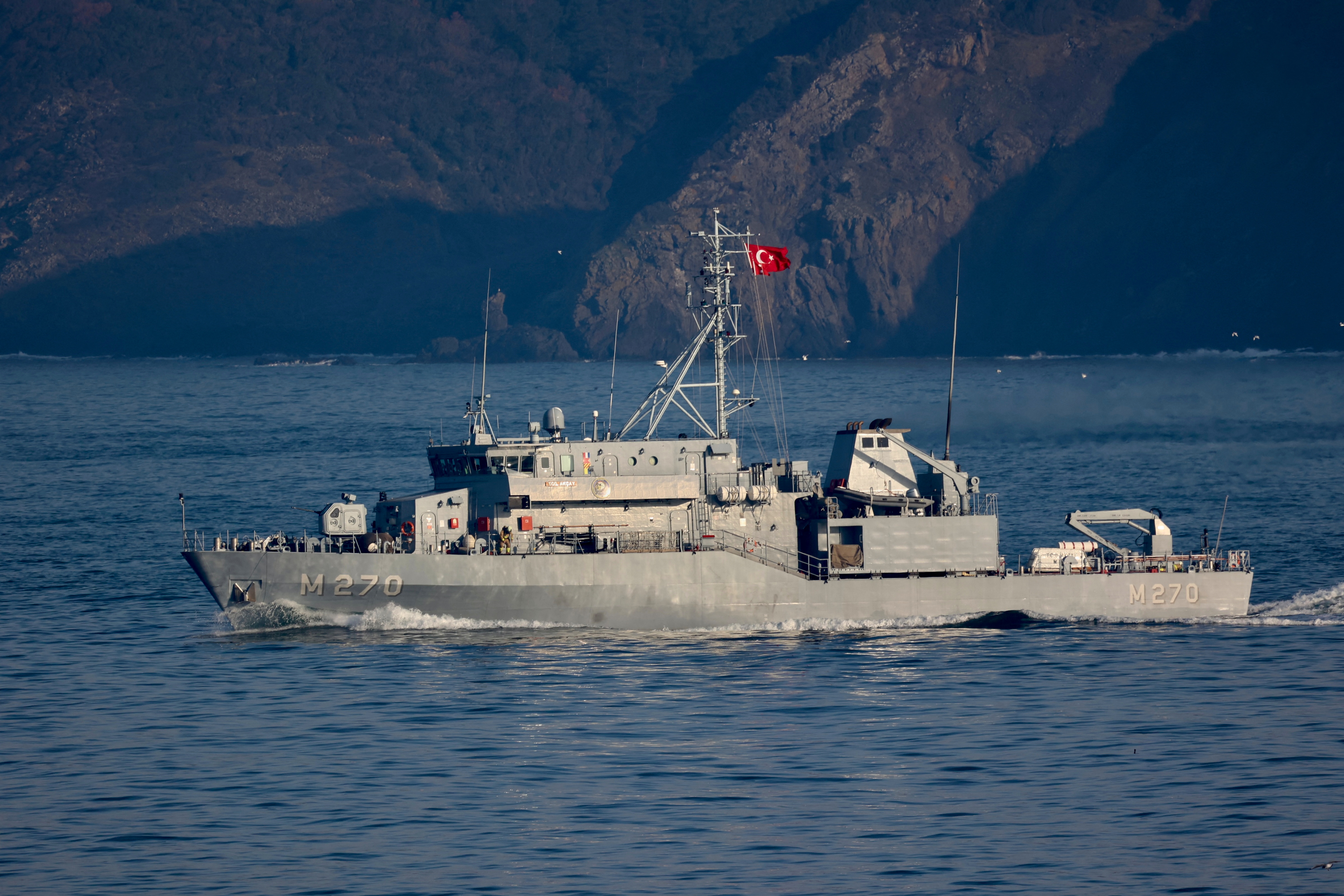 Turkish Navy's Aydin class mine-hunting vessel TCG Akcay sails in the Bosphorus.