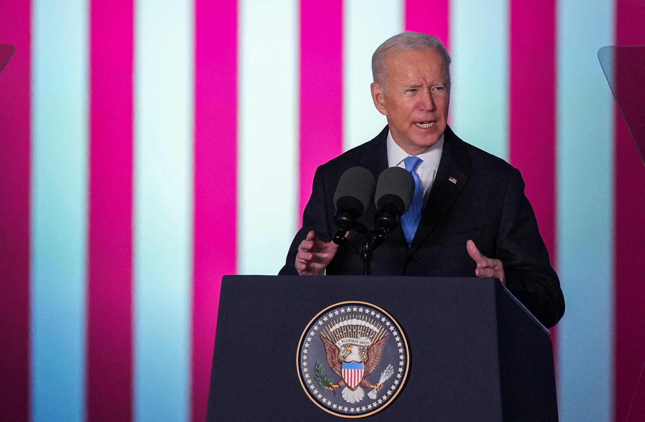 US President Joe Biden speaks during an event at the Royal Castle, amid Russia’s invasion of Ukraine, in Warsaw, Poland