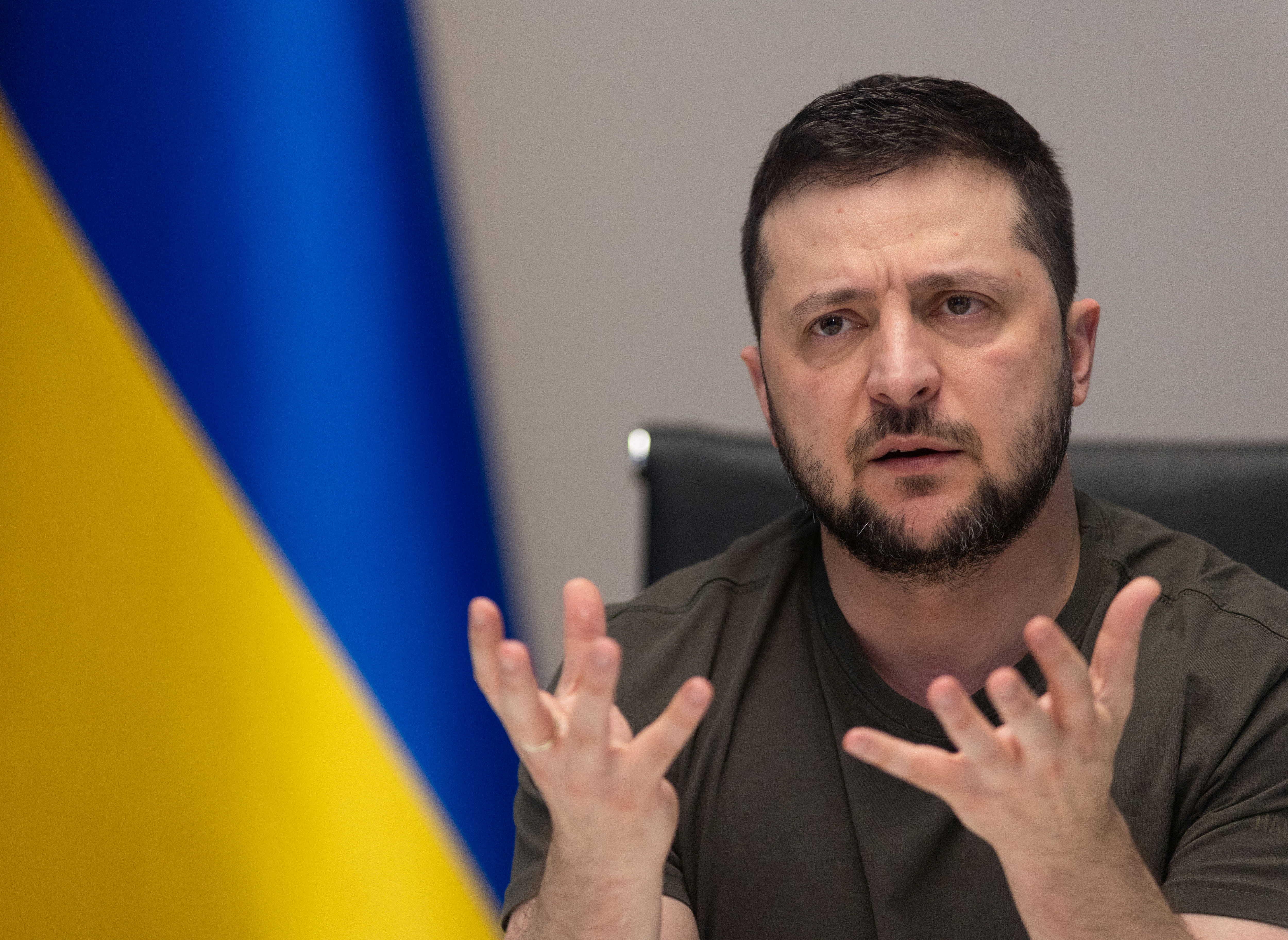 Ukraine's President Volodymyr Zelenskyy attends an interview with some of the Russian media via video link.