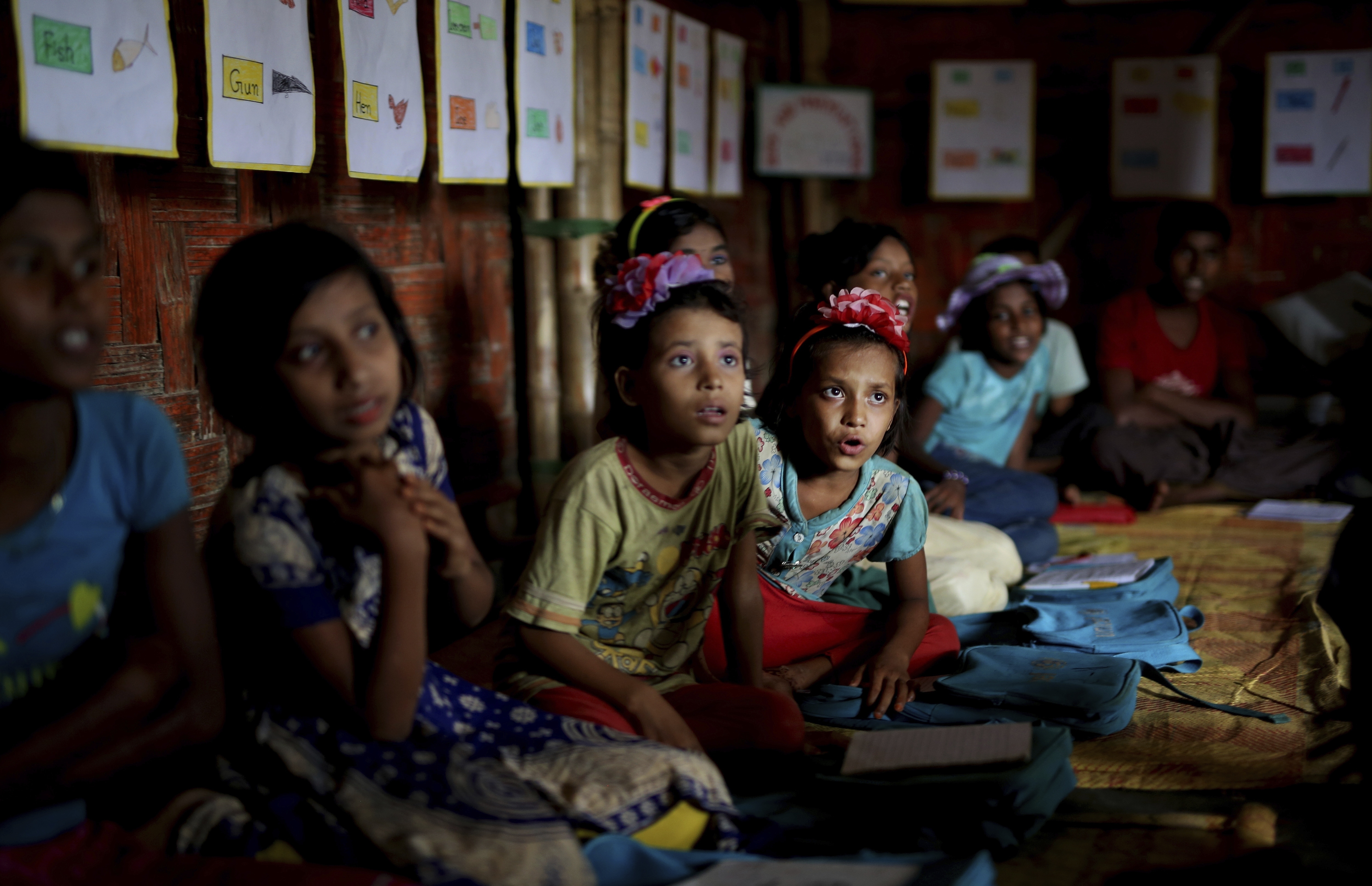 Rohingya refugee children attend a UNICEF run school in Balukhali refugee camp, Bangladesh.