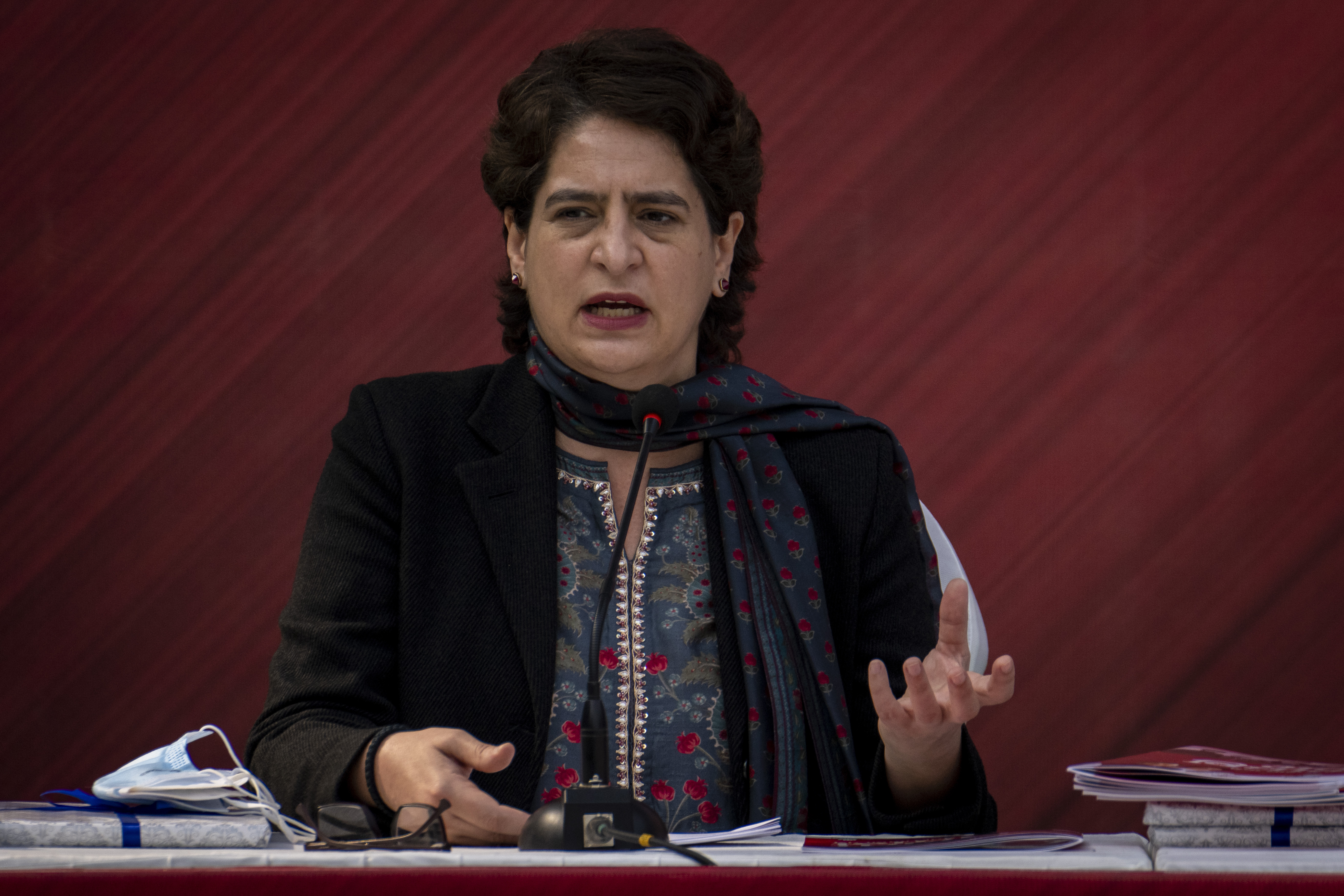 Priyanka Gandhi speaks during the release of the Congress party’s manifesto for the Uttar Pradesh elections, in New Delhi