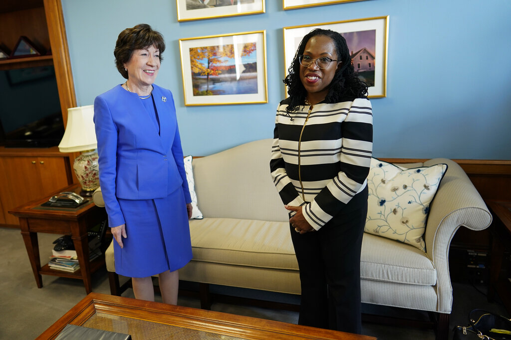 Republican Senator Susan Collins, left, has praised Supreme Court nominee Ketanji Brown Jackson as an ‘experienced’ and ‘impressive’ jurist