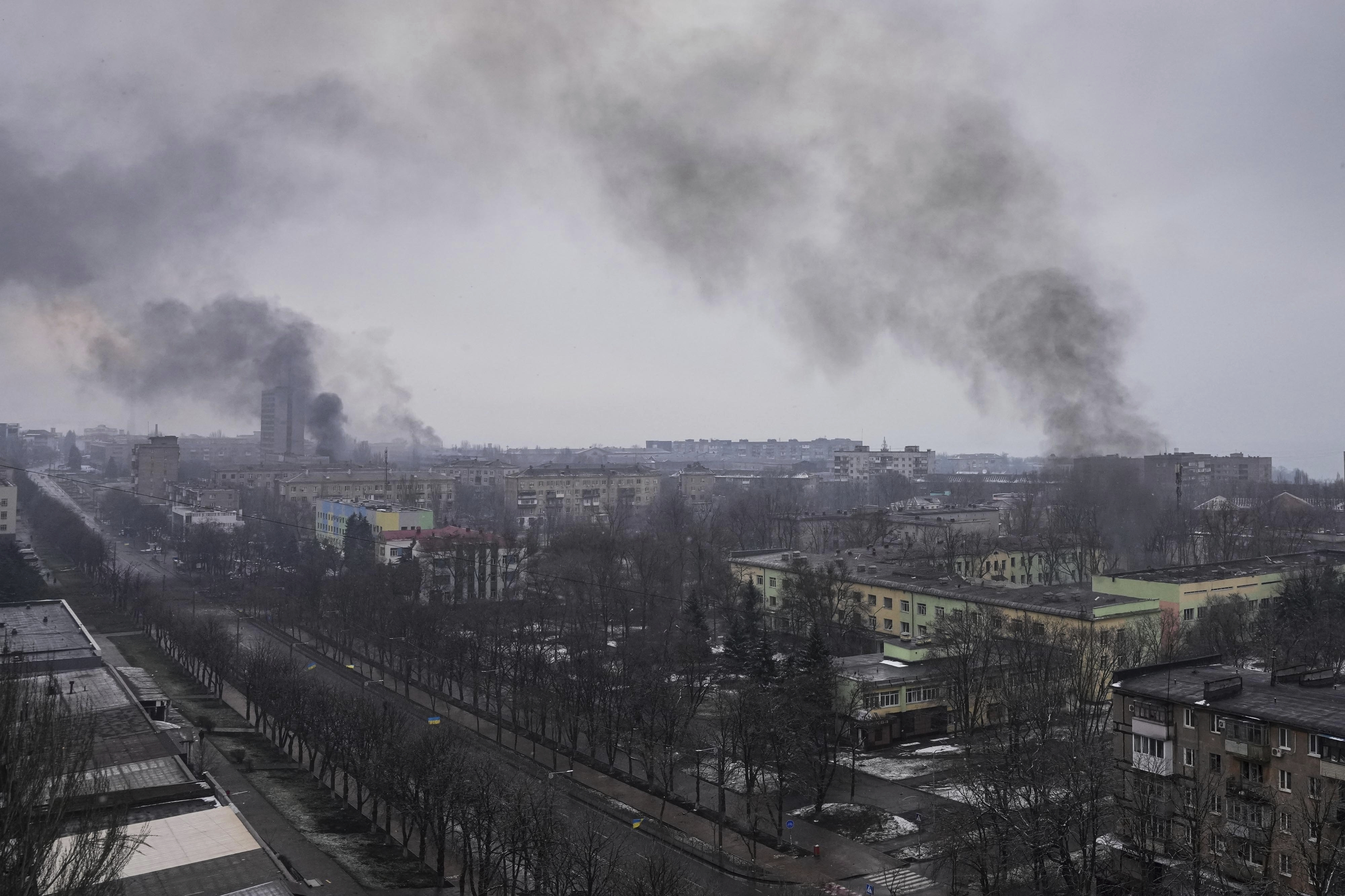 A view of Mariupol as smoke billows from destroyed buildings.