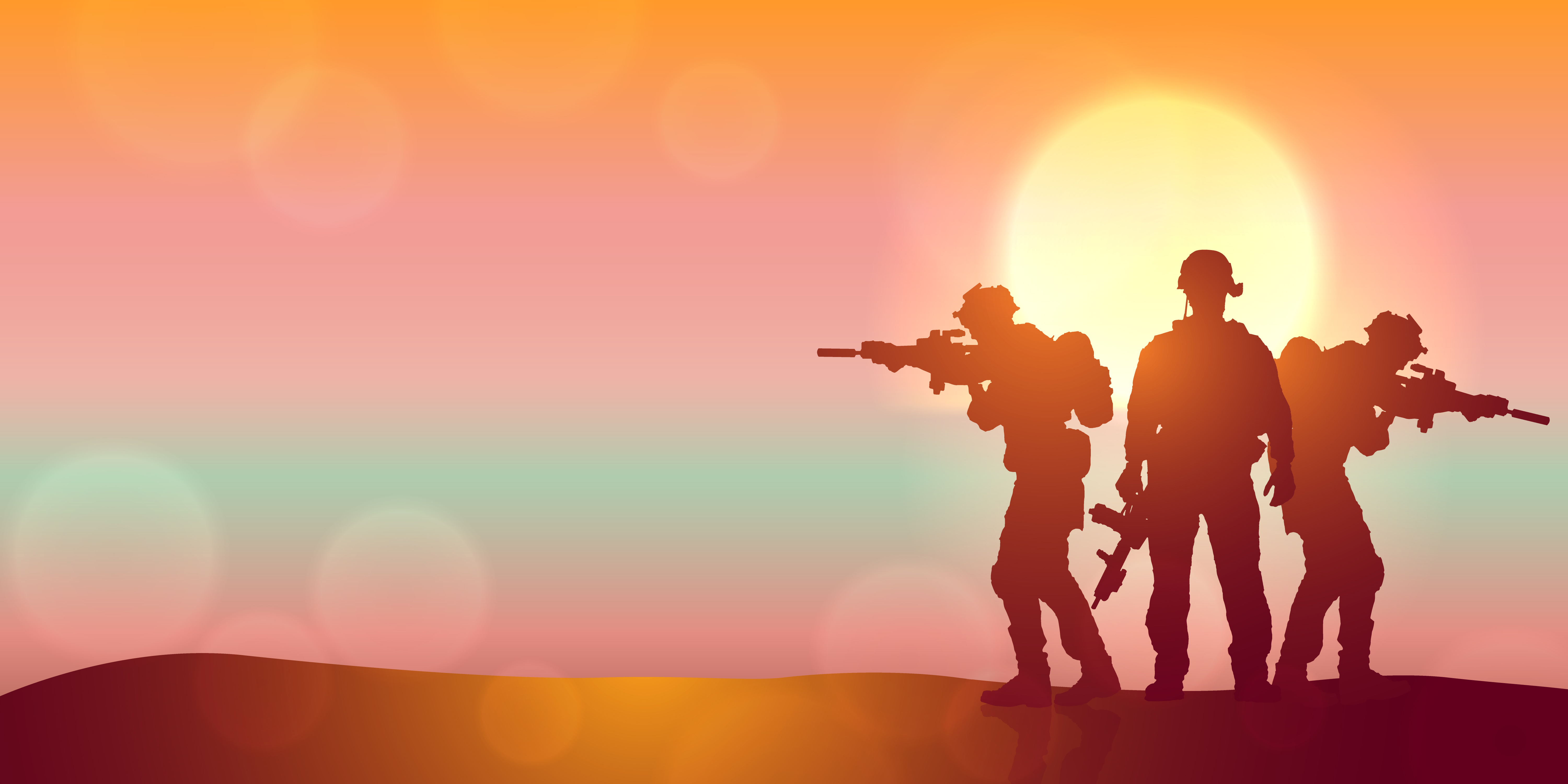 Silhouette of three soldiers against the sunrise.