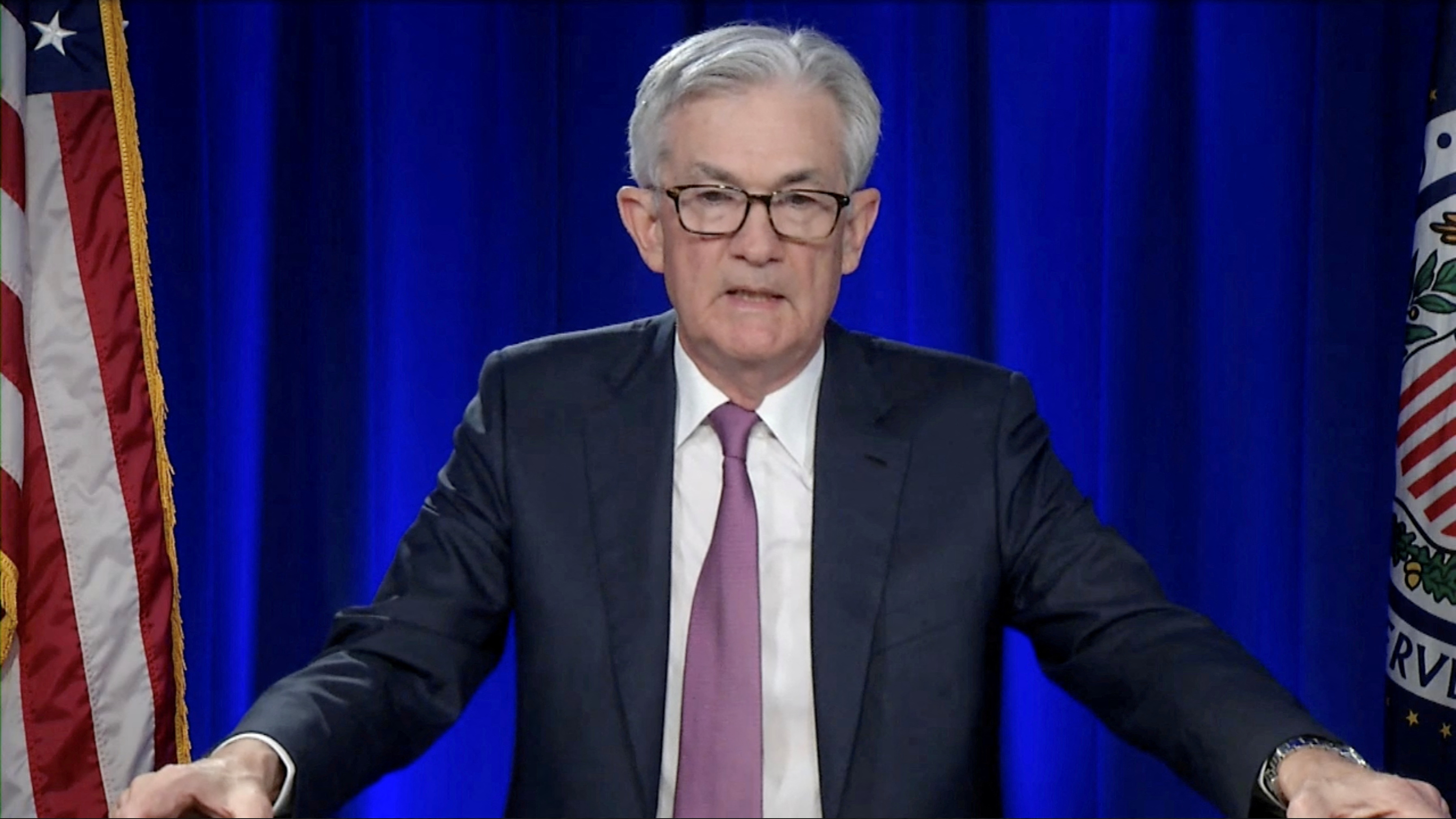 U.S. Federal Reserve Chair Jerome Powell addresses an online news conference