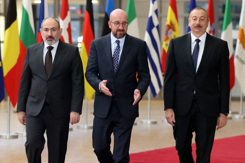 From left: Armenian Prime Minister Nikol Pashinyan, President of the European Council Charles Michel, and Azerbaijan’s President Ilham Aliyev