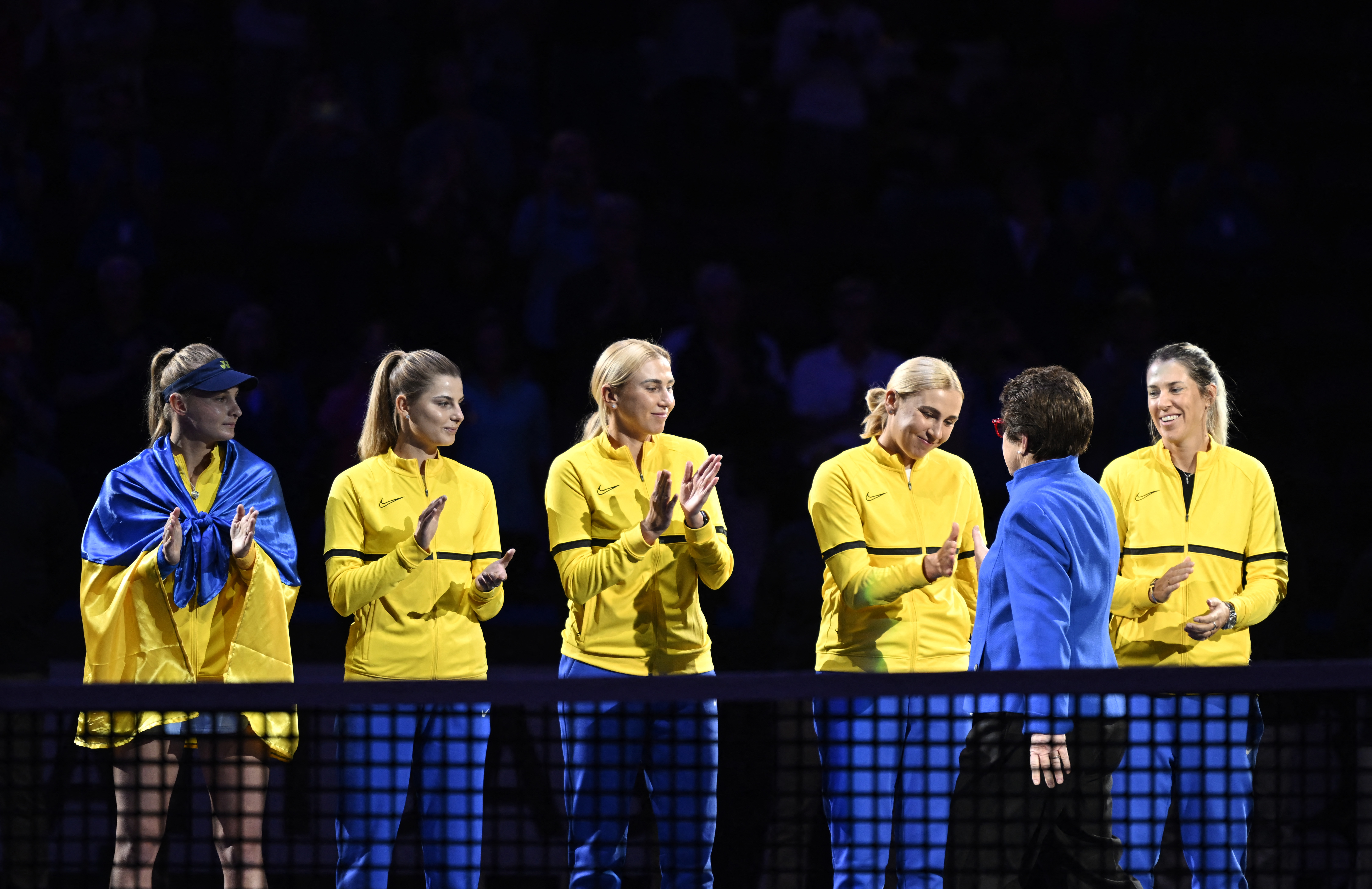 Tennis great Billie Jean King greets the Ukrainian team during the opening ceremonies before the first round of the 2022 Billie Jean King Cup Qualifier at Harrah’s Cherokee Center in North Carolina, US