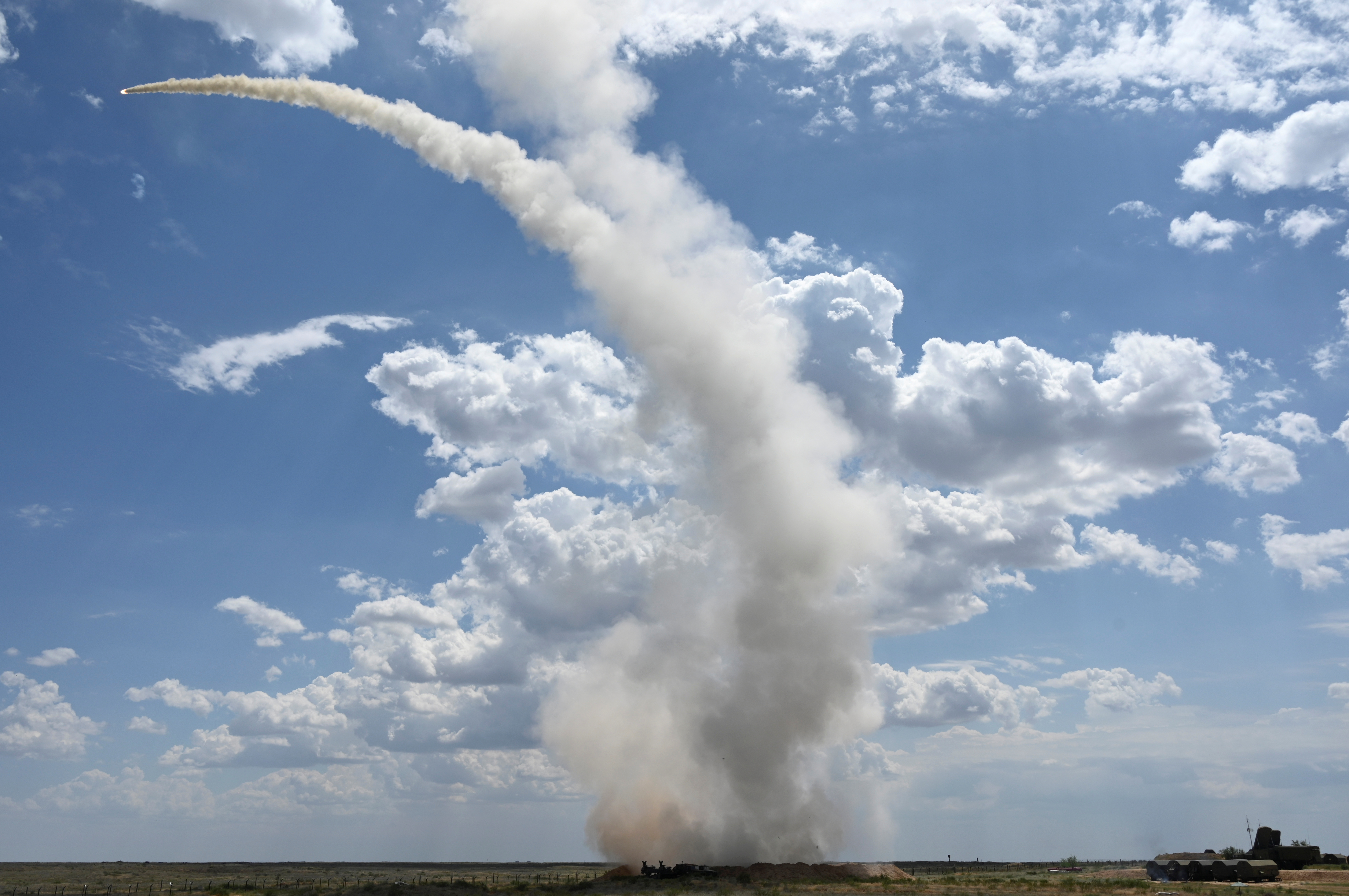A Russian S-300 air defence system launches a missile during military exercises at the Ashuluk shooting range near Astrakhan, Russia.