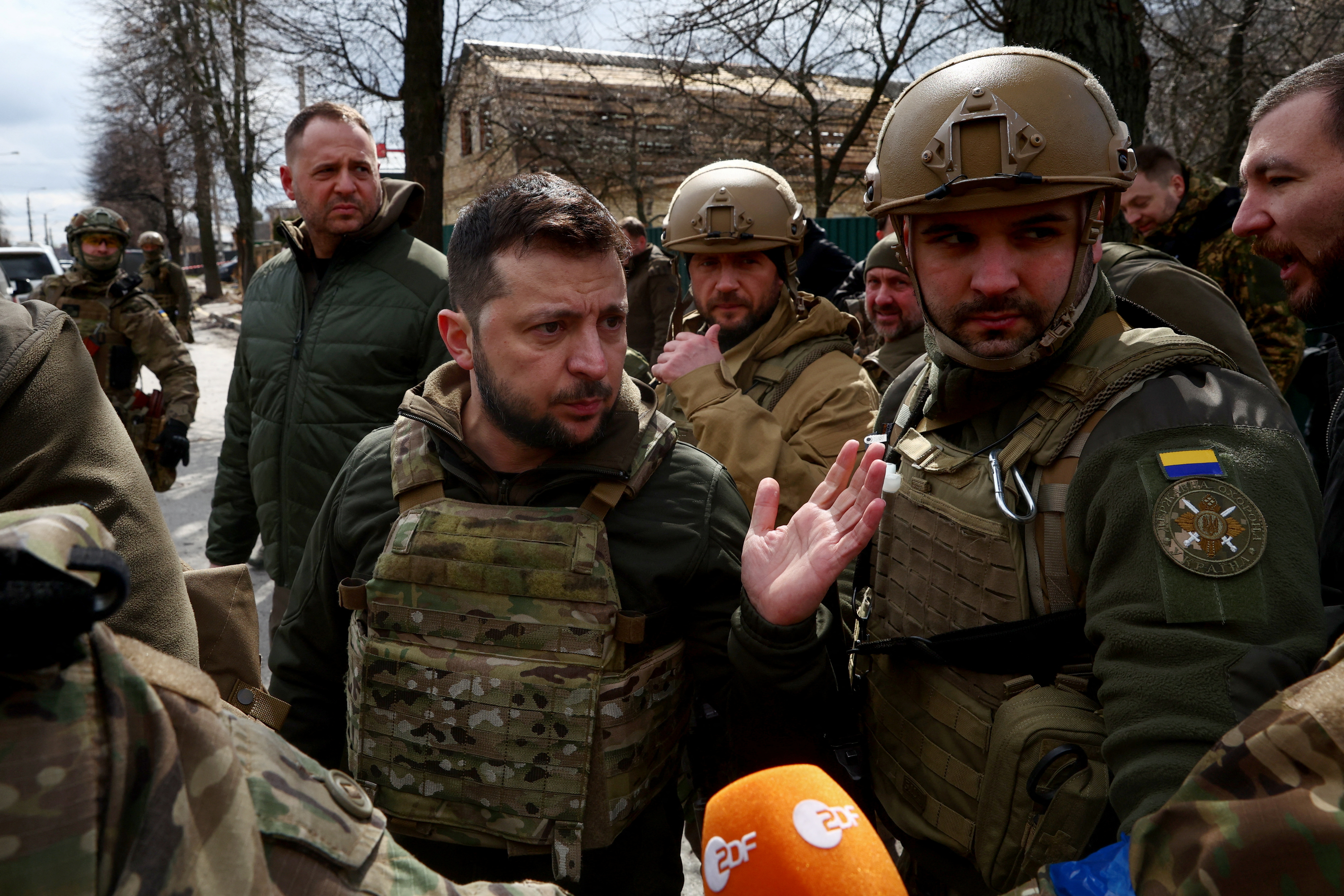 Ukraine's President Volodymyr Zelenskiy speaks to the media