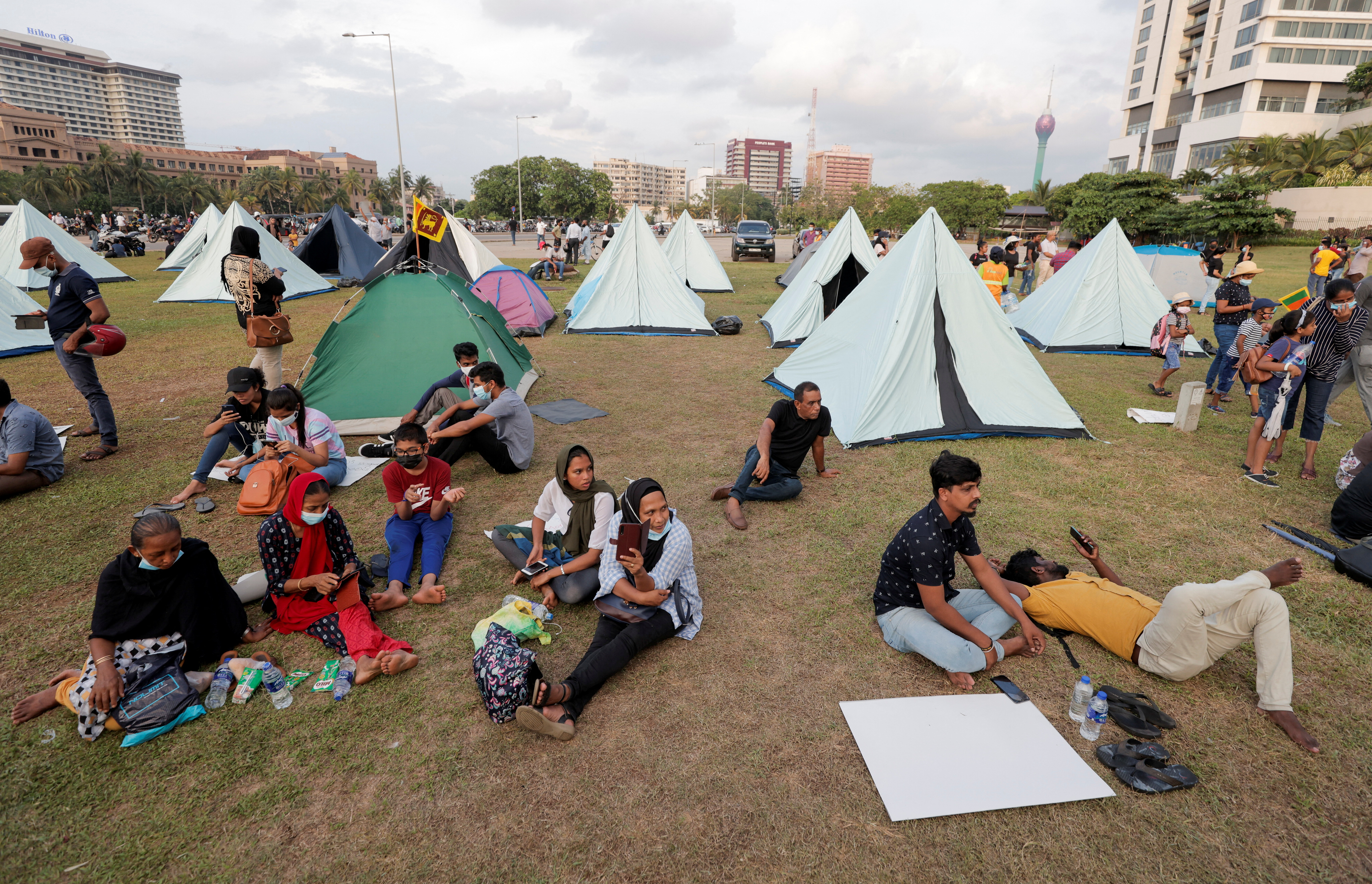 Demonstrators seen in a protest area, dubbed Gota-Go Village, where people are gathering in opposition to Sri Lanka’s President Gotabaya Rajapaksa, near the Presidential Secretariat in Colombo