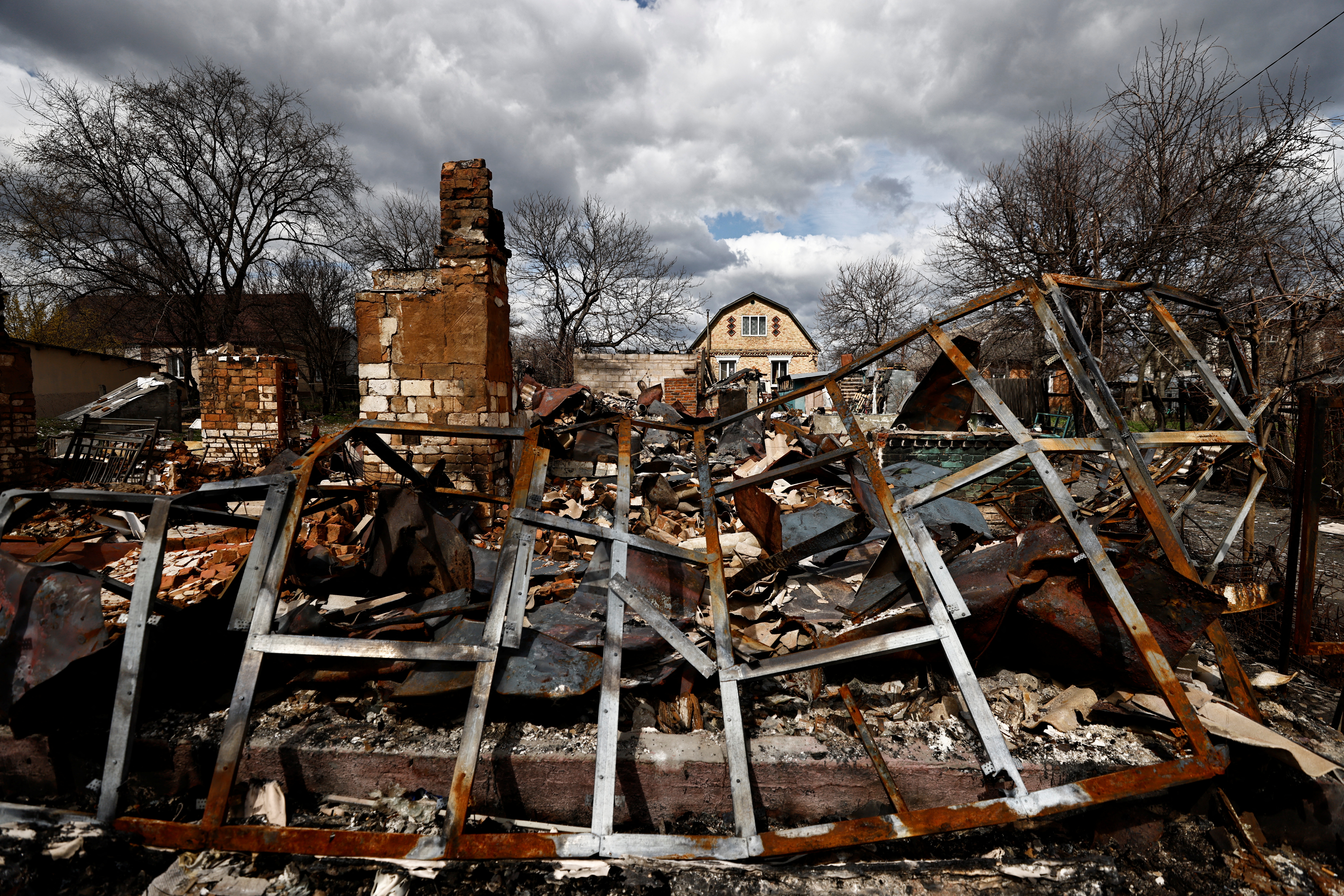 The remnants of a house that residents say was destroyed by Russian shelling, amid Russia’s invasion of Ukraine, in Borodyanka, Kyiv region