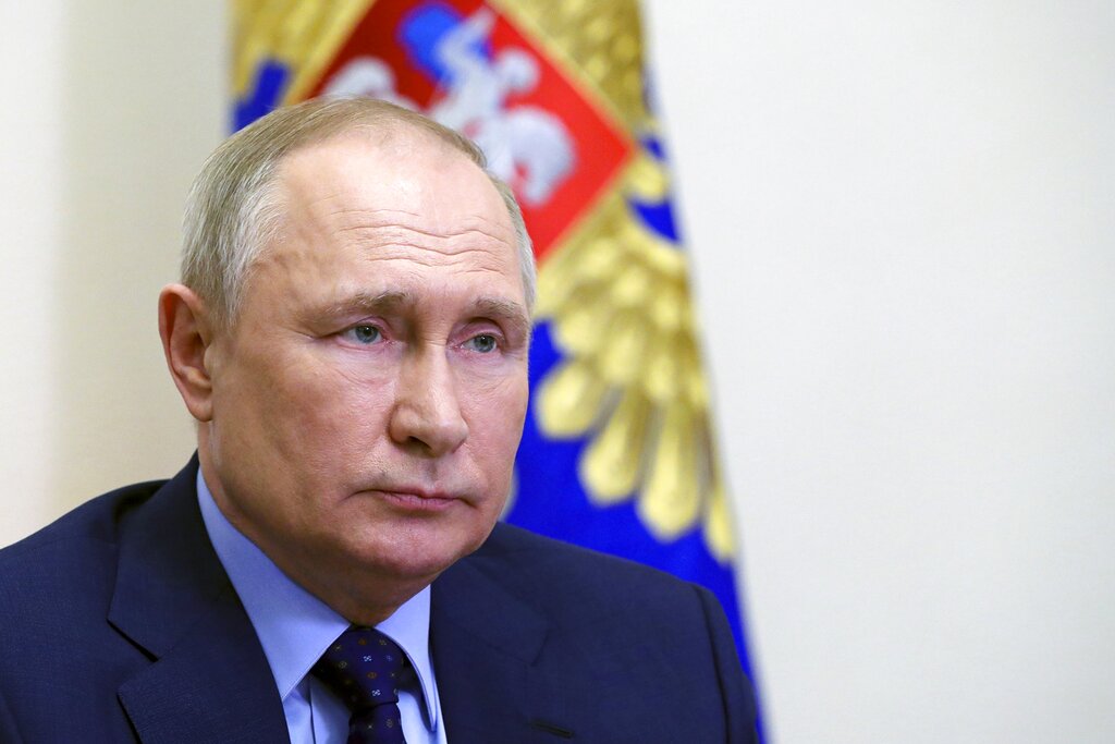 ussian President Vladimir Putin chairs a Security Council meeting via videoconference at the Novo-Ogaryovo residence outside Moscow.