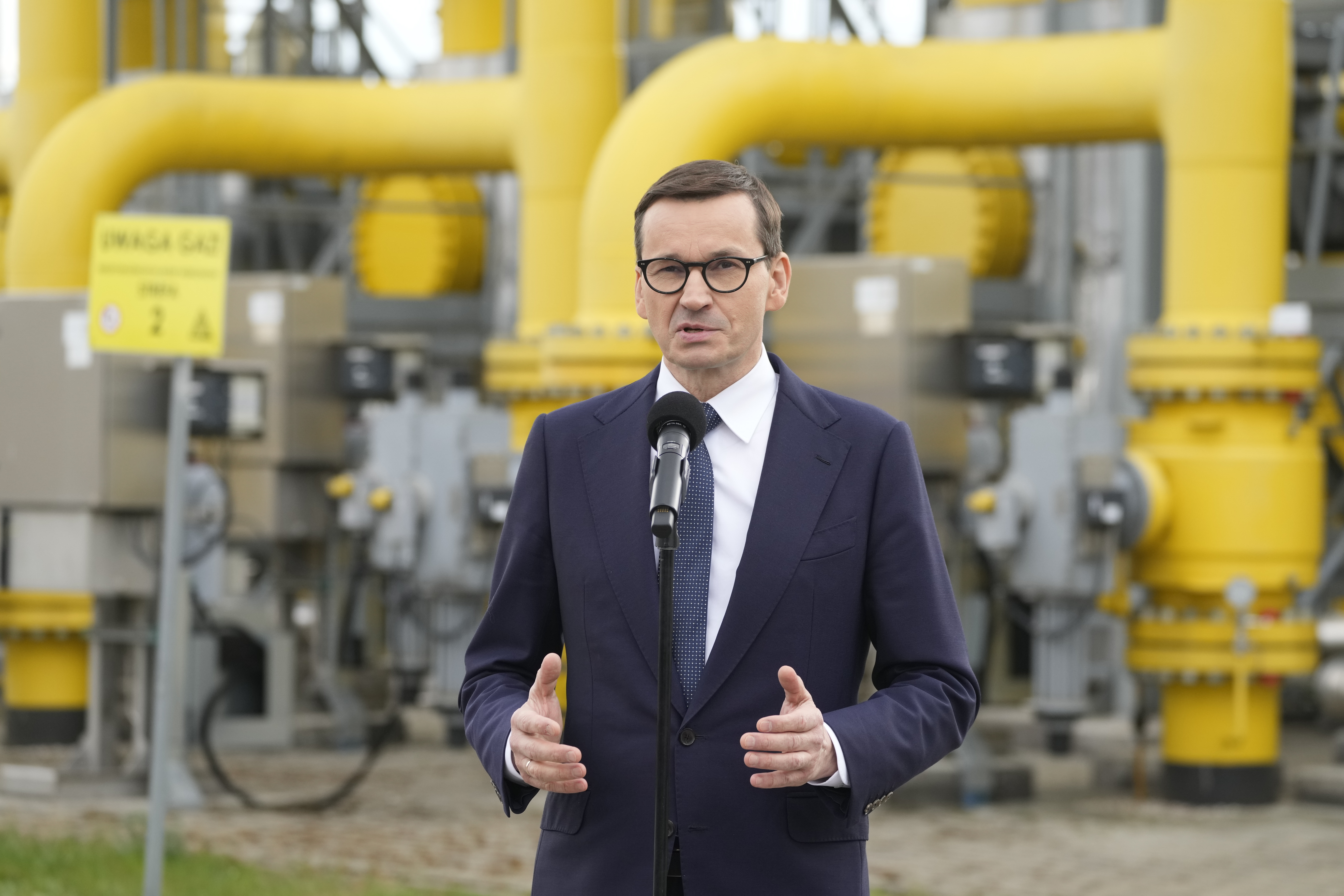 Poland's Prime Minister Mateusz Morawiecki speaks to media at the gas station of Gaz-System in Rembelszczyzna, near Warsaw, Poland.