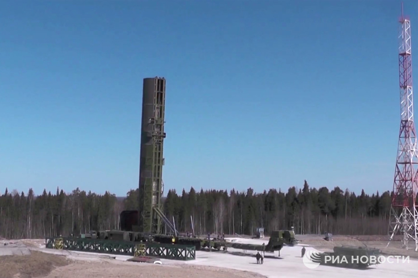 The Sarmat missile launcher seen on a screen grab