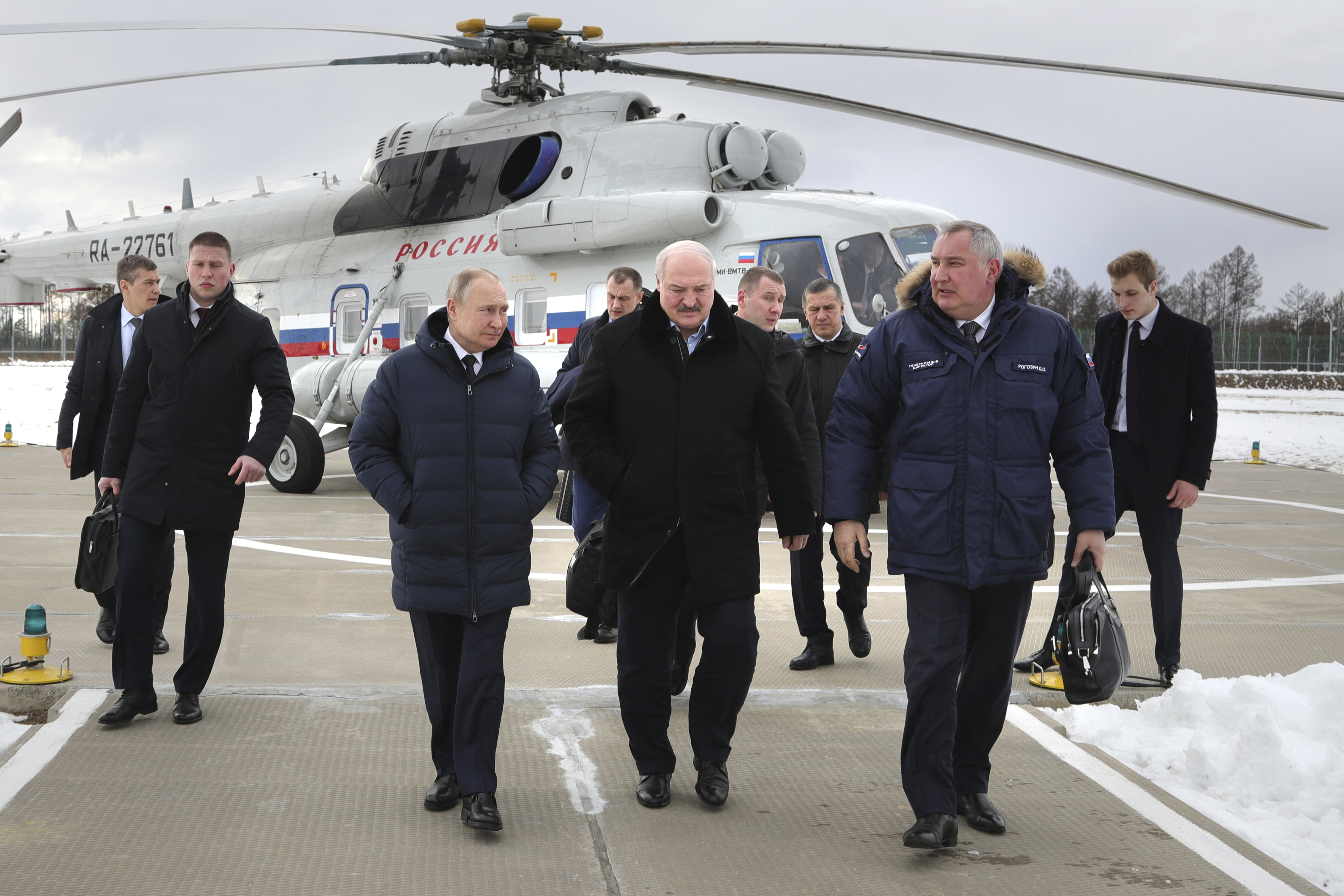 Putin walks with Belarusian President Aleksandr Lukashenko and Roscosmos head Dmitry Rogozin after arriving at the Vostochny cosmodrome in Russia’s far eastern Amur region, April 12