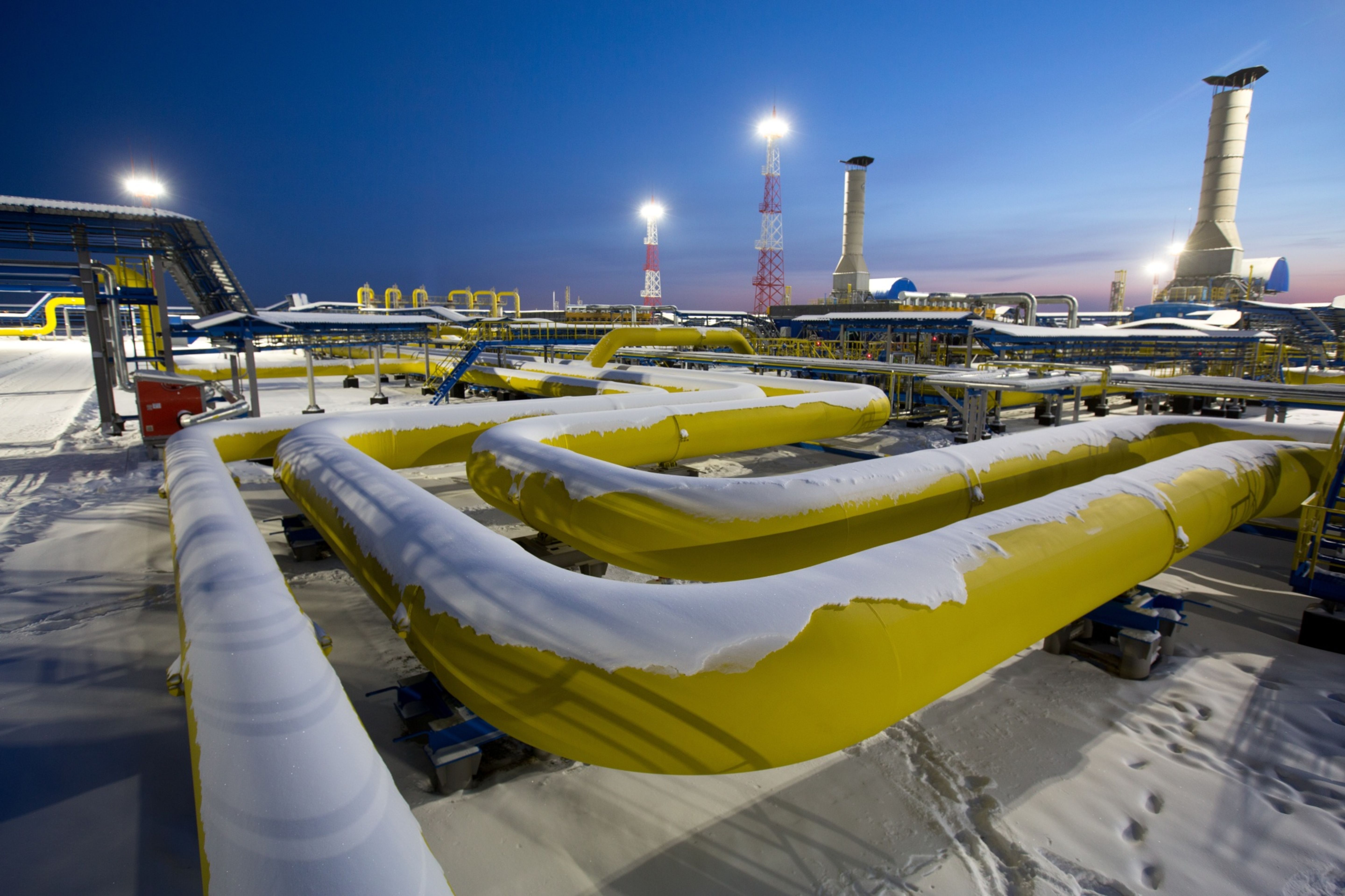 Snow covers sections of connected pipework in the Amur region, Russia