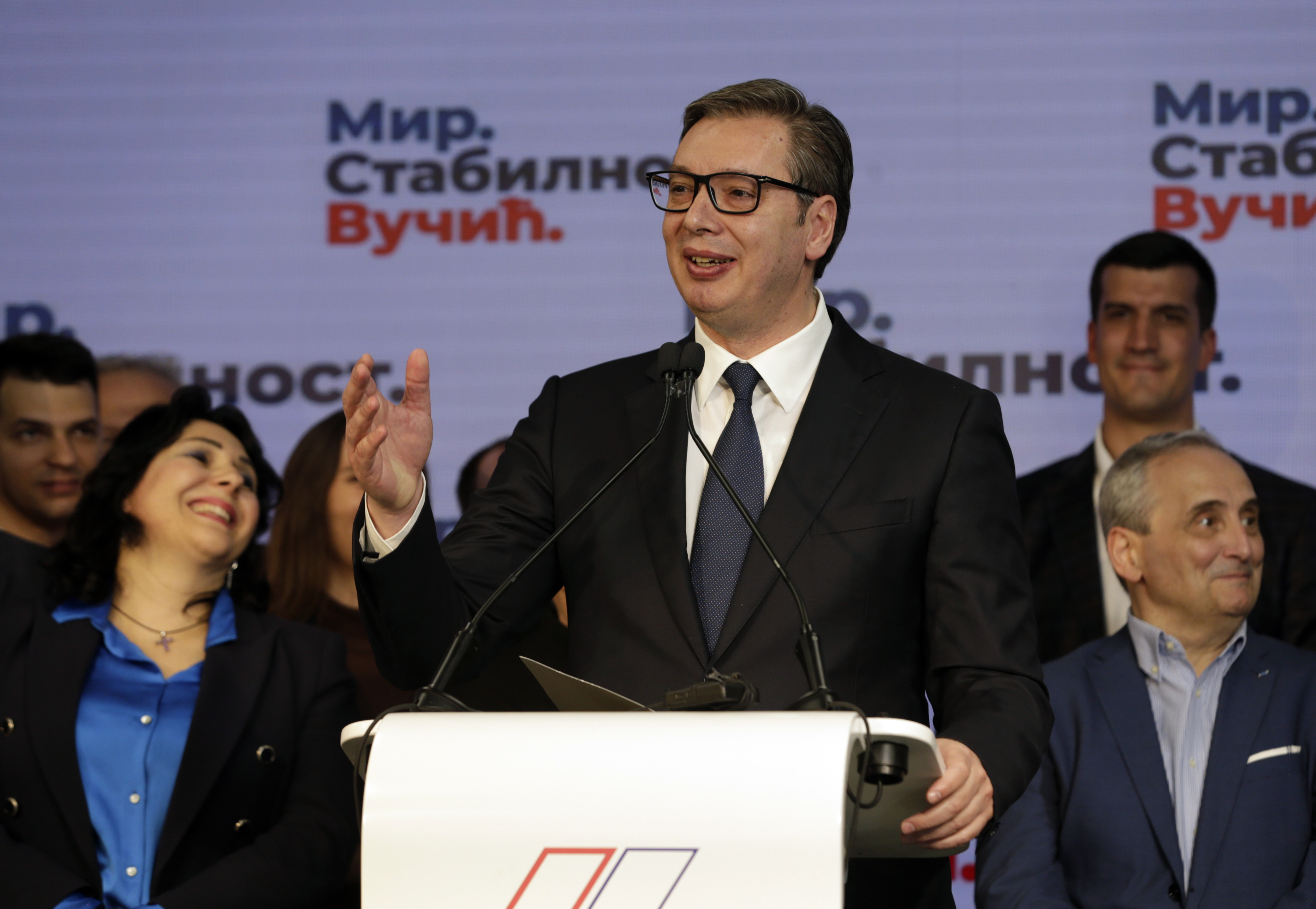 Incumbent Serbian President Aleksandar Vucic speaks at a news conference