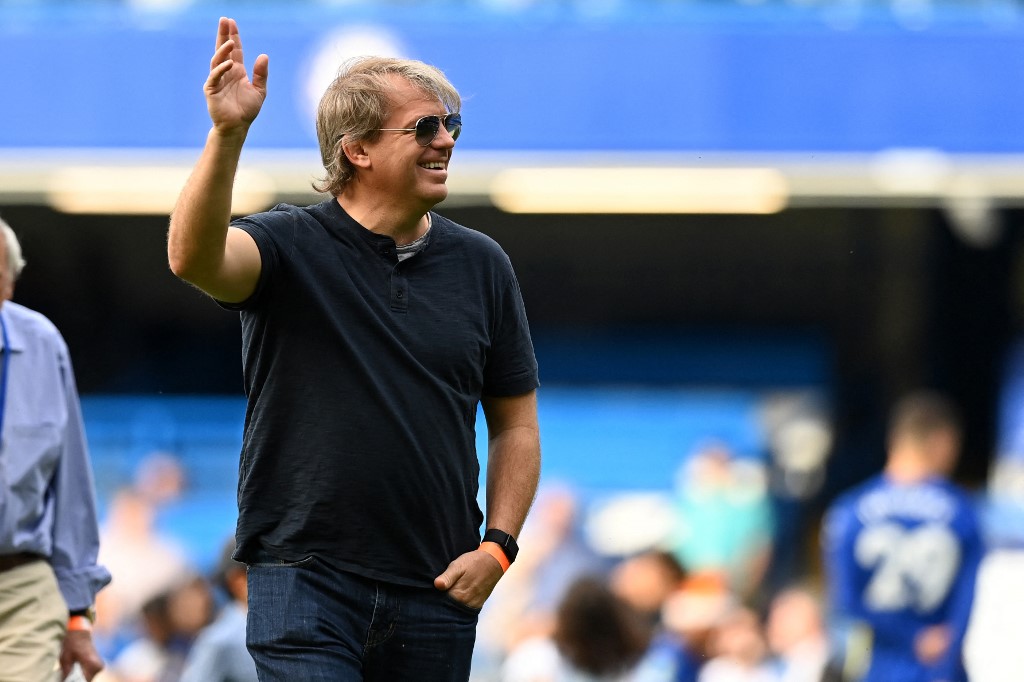 Chelsea's prospective US owner Todd Boehly comes onto the pitch to join the lap of honour after the English Premier League football match