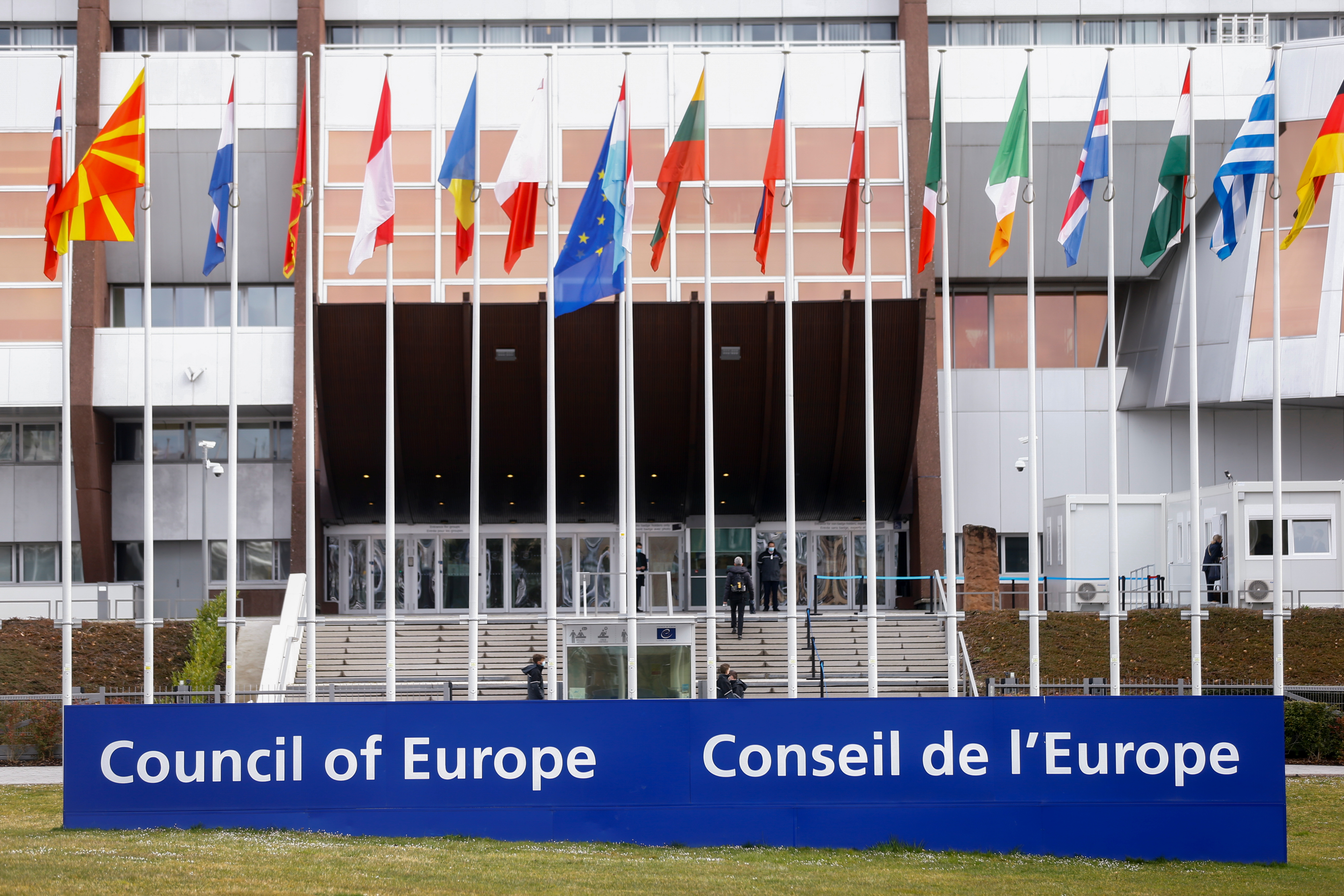 Flags wave outside the Council of Europe building