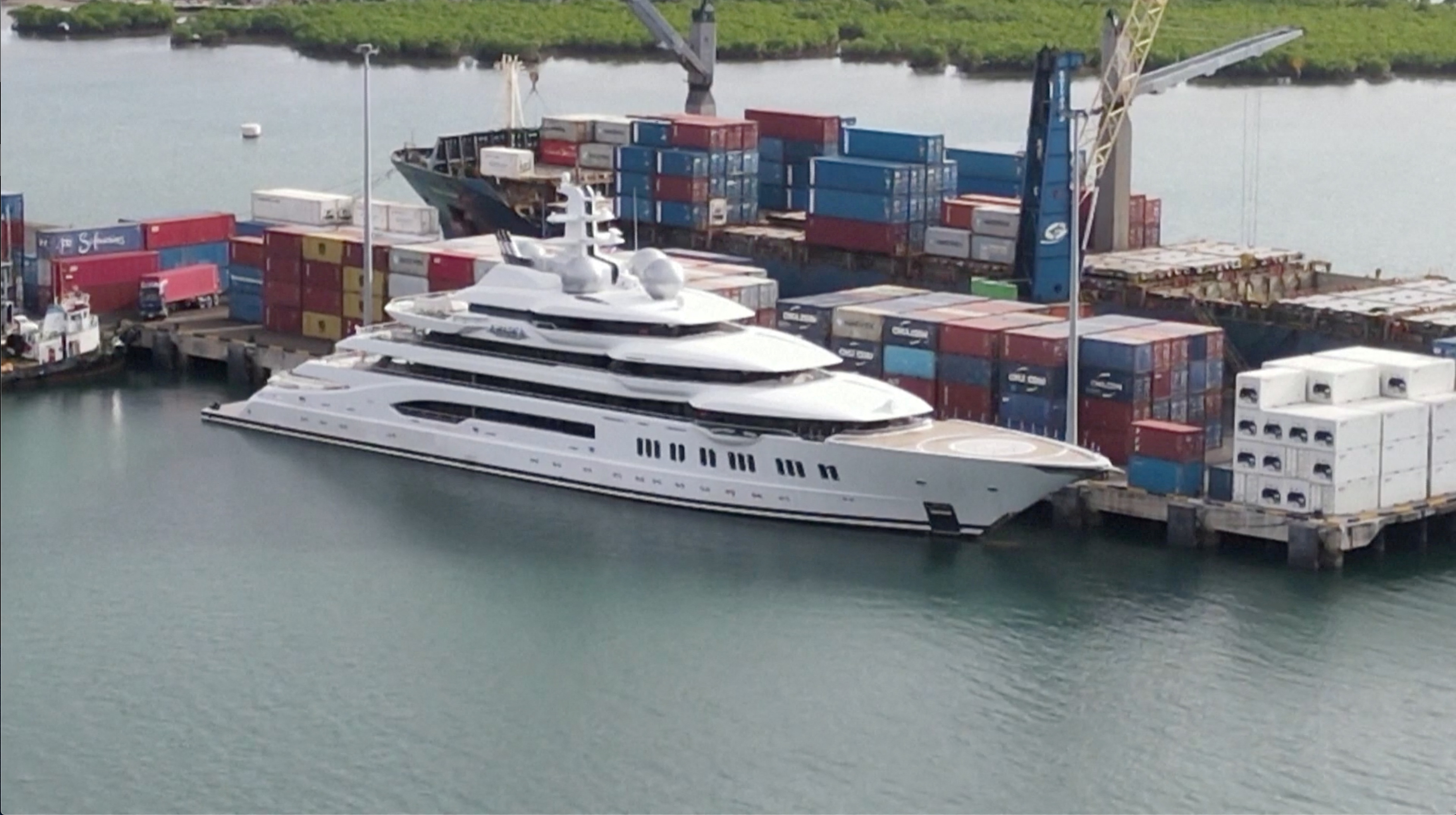 A screengrab from drone footage shows Amadea docked at Queens Wharf in Lautoka, May 3 [Reuters TV]