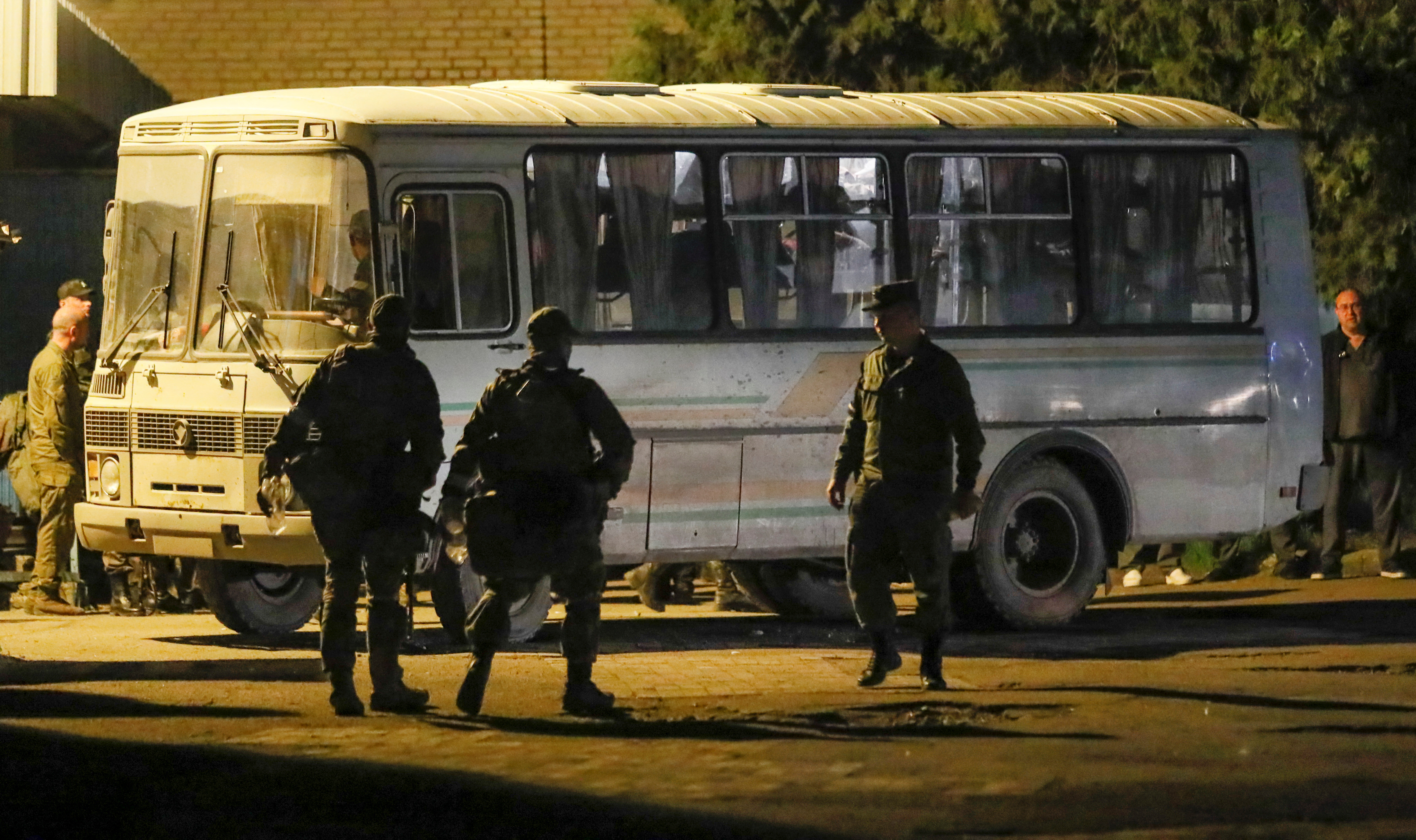 A bus carrying Ukrainian service members from the Mariupol steel plant.