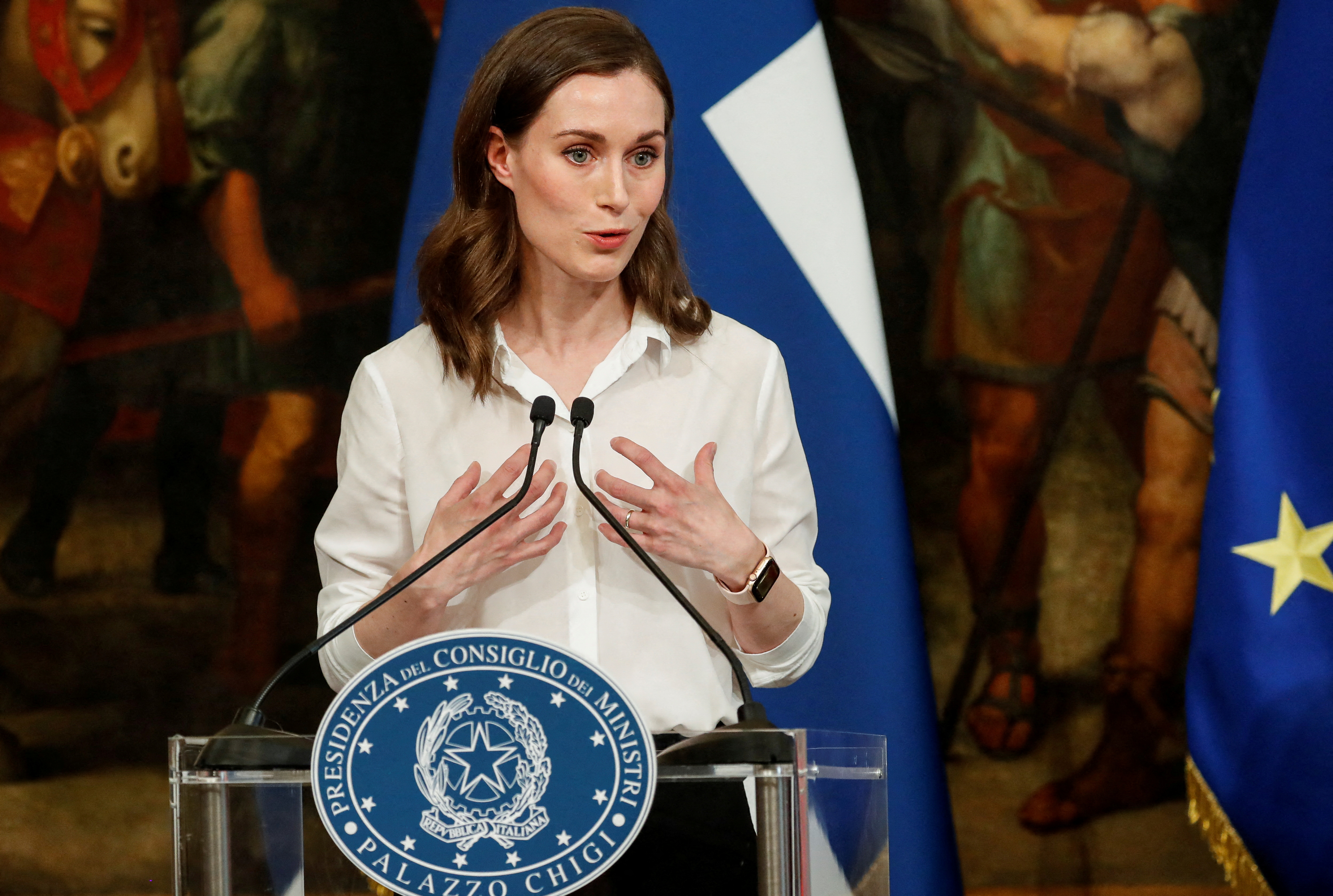 Finnish Prime Minister Sanna Marin speaks at a joint news conference with Italian Prime Minister Mario Draghi (not pictured) during her visit in Rome, Italy